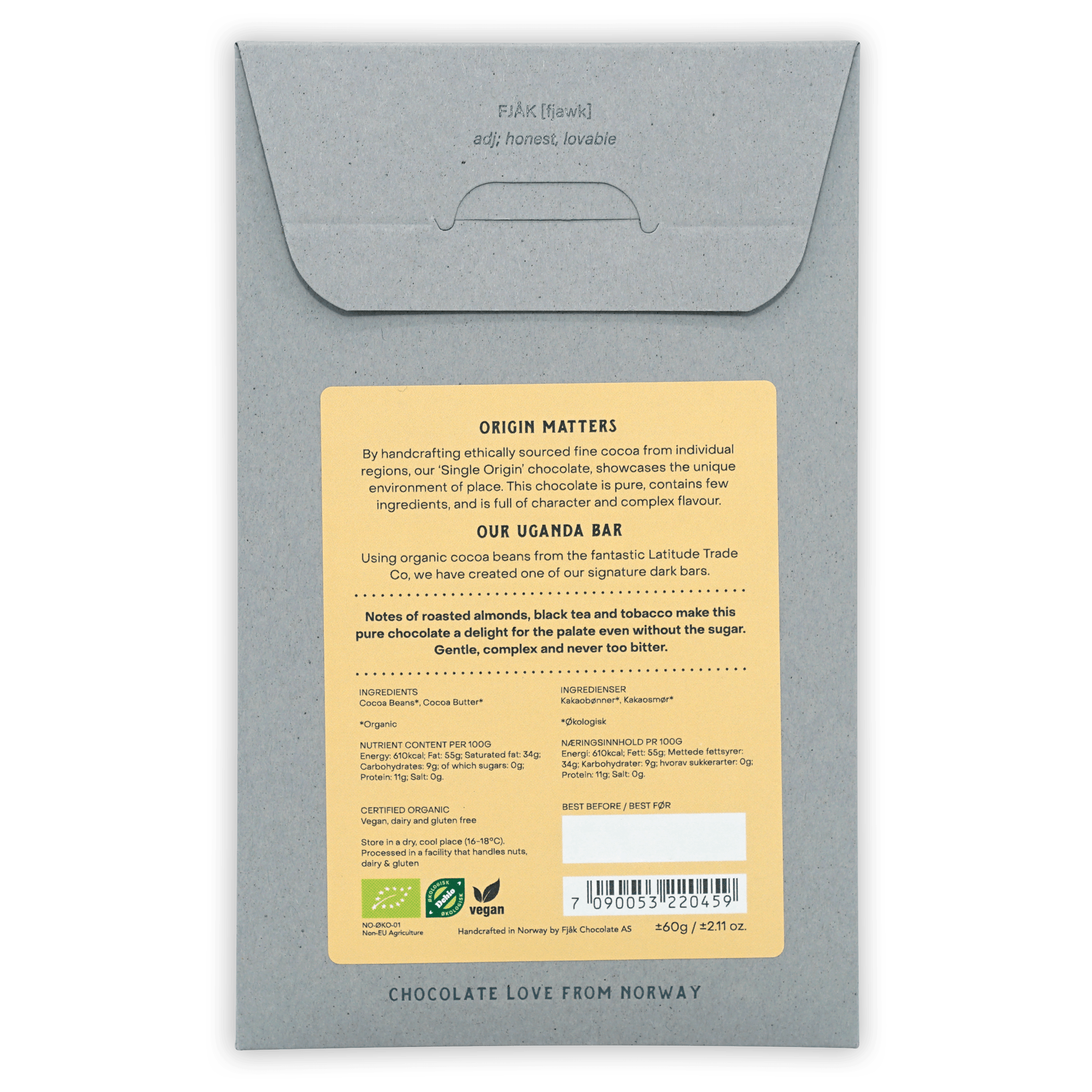Fjåk Uganda Dark Chocolate 100% in gray textured paper wrapper with yellow organic label