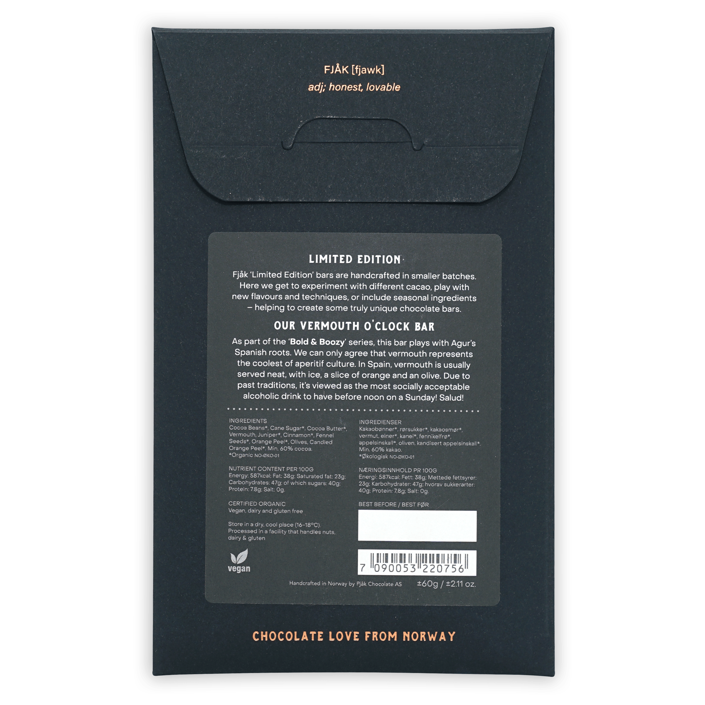 Fjak Vermouth OClock limited edition dark gray matte chocolate bar packaging
