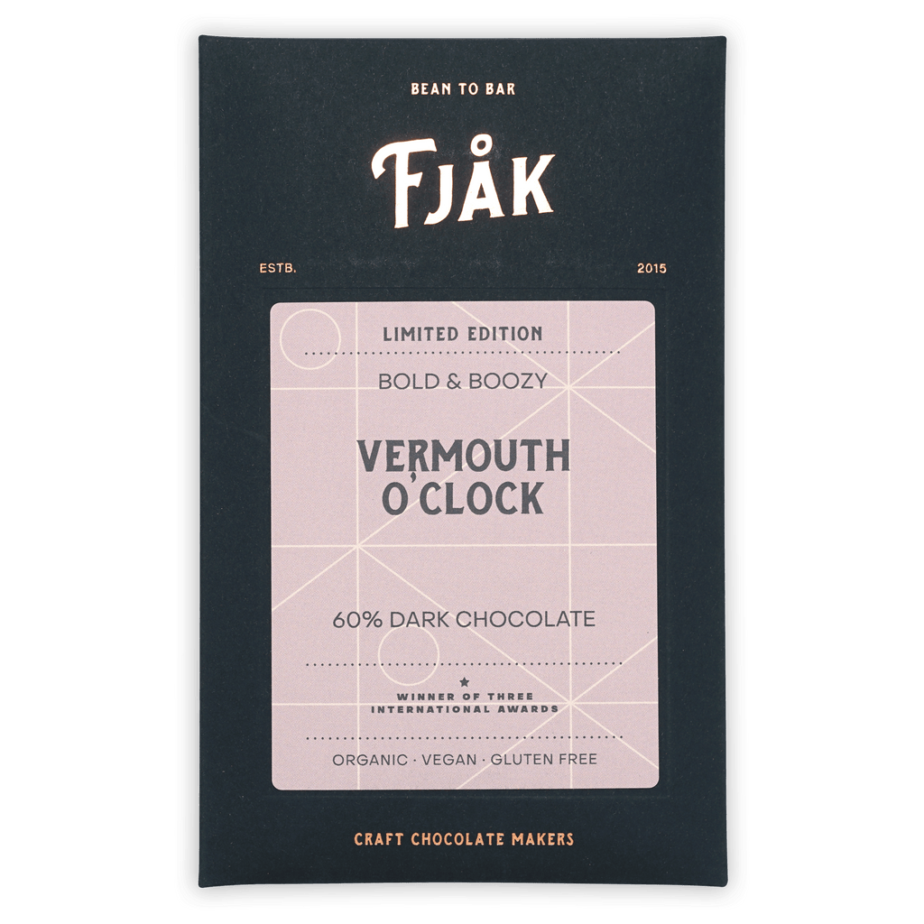 Fjåk Vermouth O’Clock limited edition dark chocolate bar wrapper