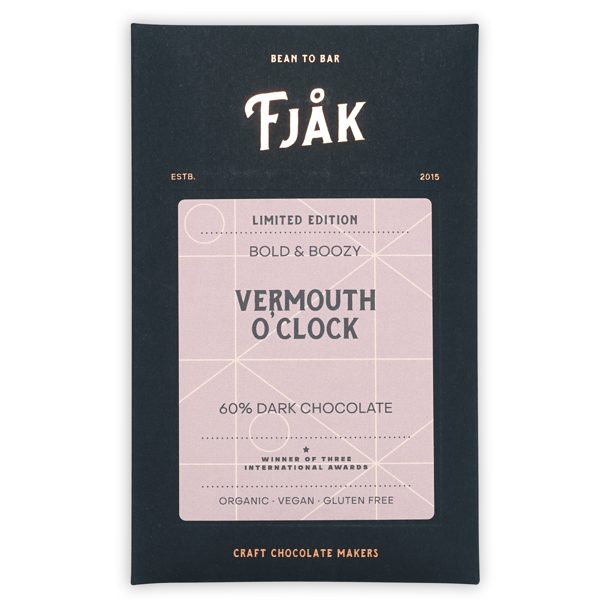 Fjåk Vermouth O’Clock limited edition dark chocolate bar wrapper