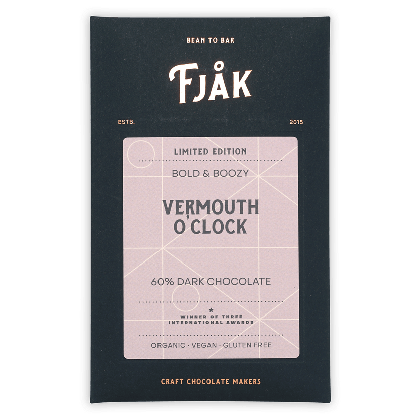 Fjåk Vermouth O’Clock limited edition dark chocolate bar wrapper