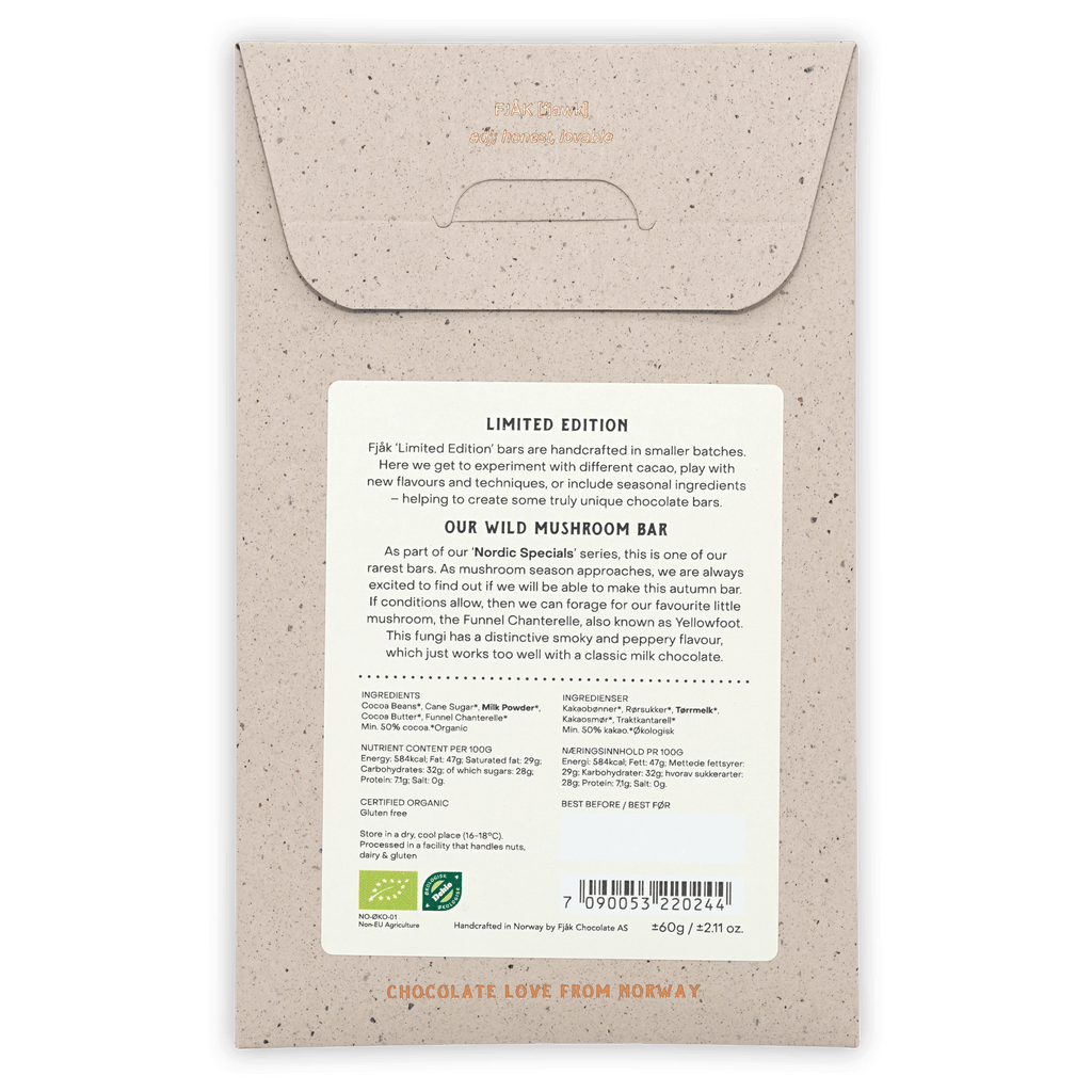 Fjåk Wild Mushroom Milk Chocolate 45% bar, textured beige wrapper