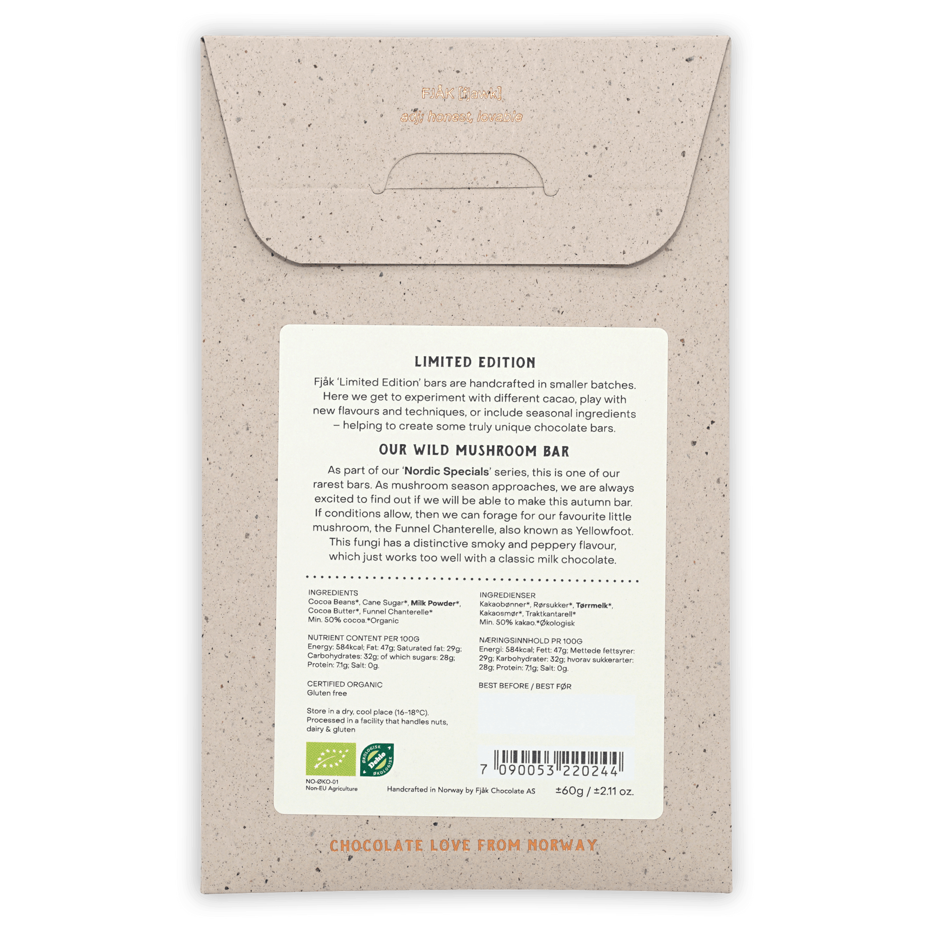 Fjåk Wild Mushroom Milk Chocolate 45% bar, textured beige wrapper