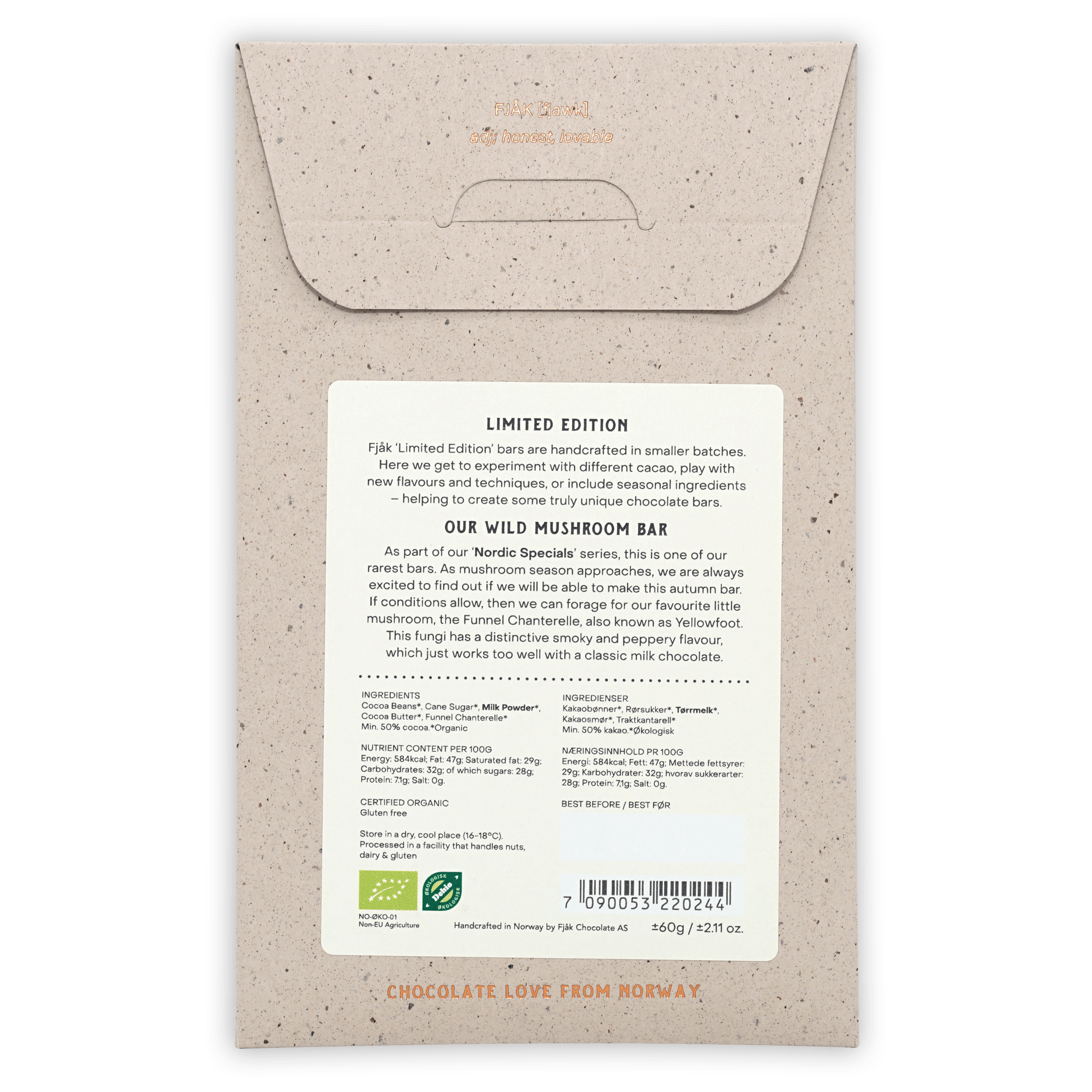 Fjåk Wild Mushroom Milk Chocolate 45% bar, textured beige wrapper