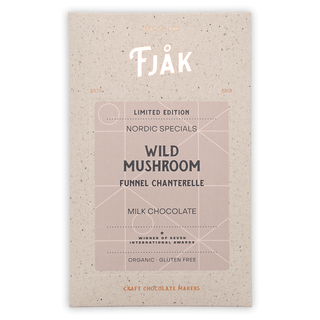 Fjåk limited edition wild mushroom milk chocolate bar in beige wrapper