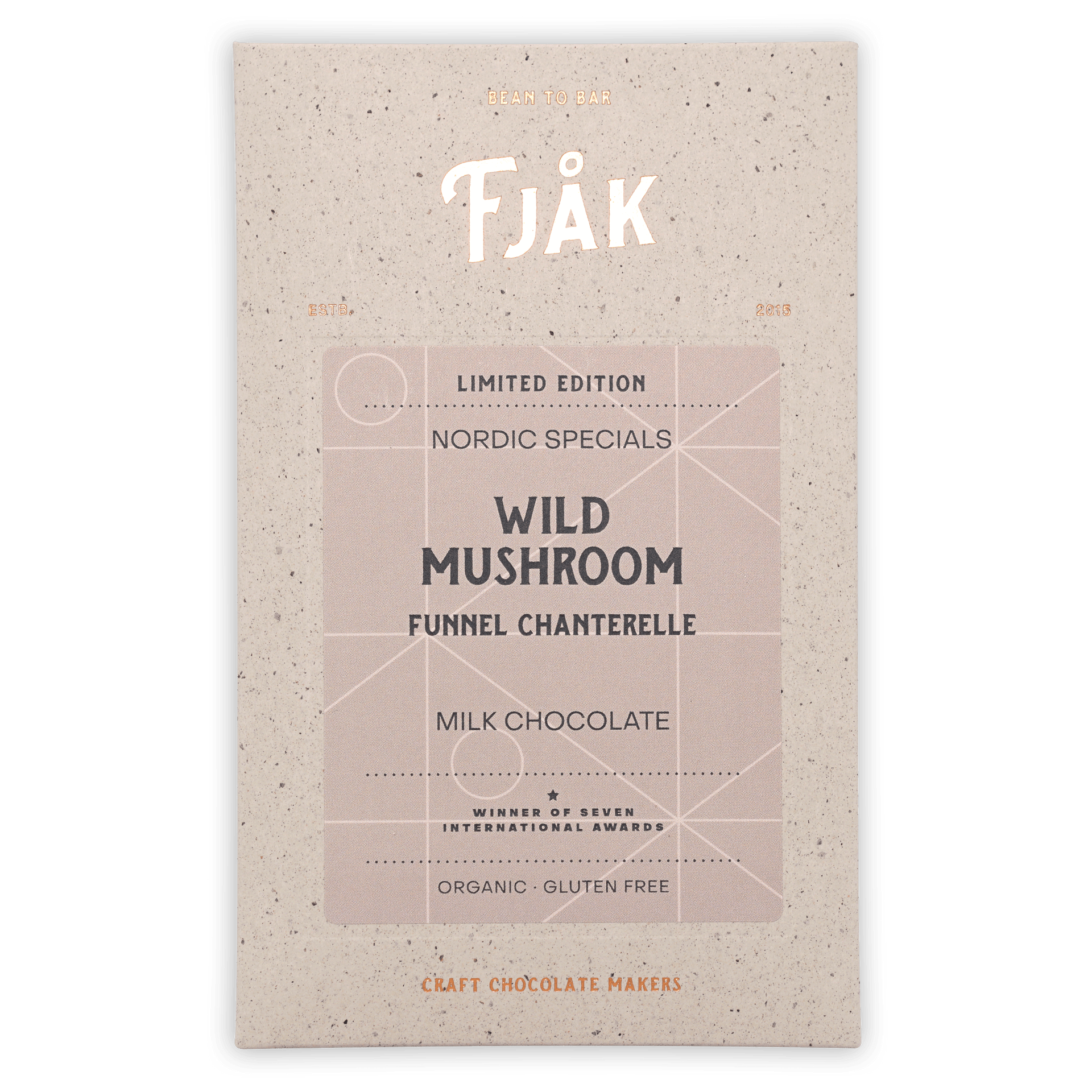 Fjåk limited edition wild mushroom milk chocolate bar in beige wrapper