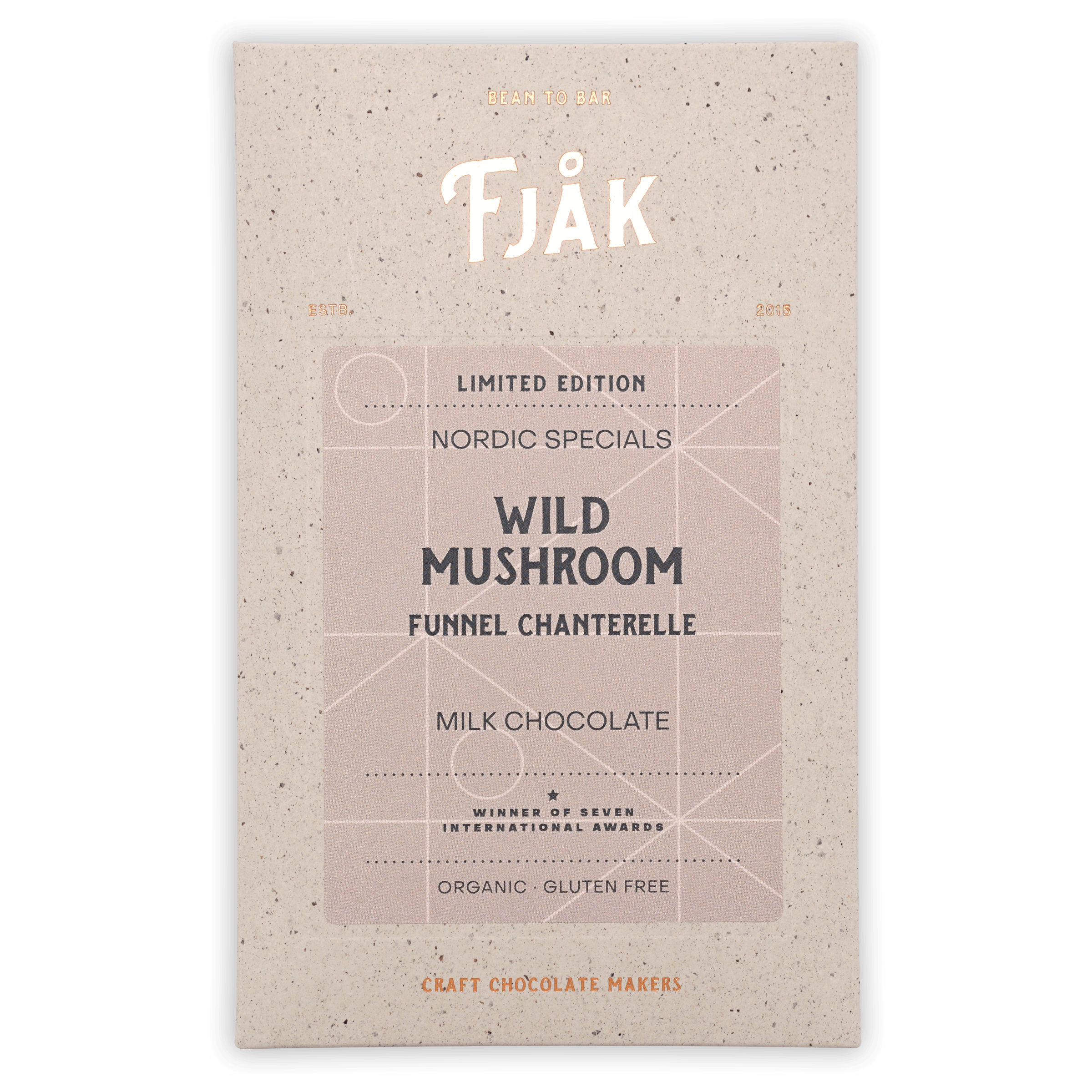 Fjåk limited edition wild mushroom milk chocolate bar in beige wrapper