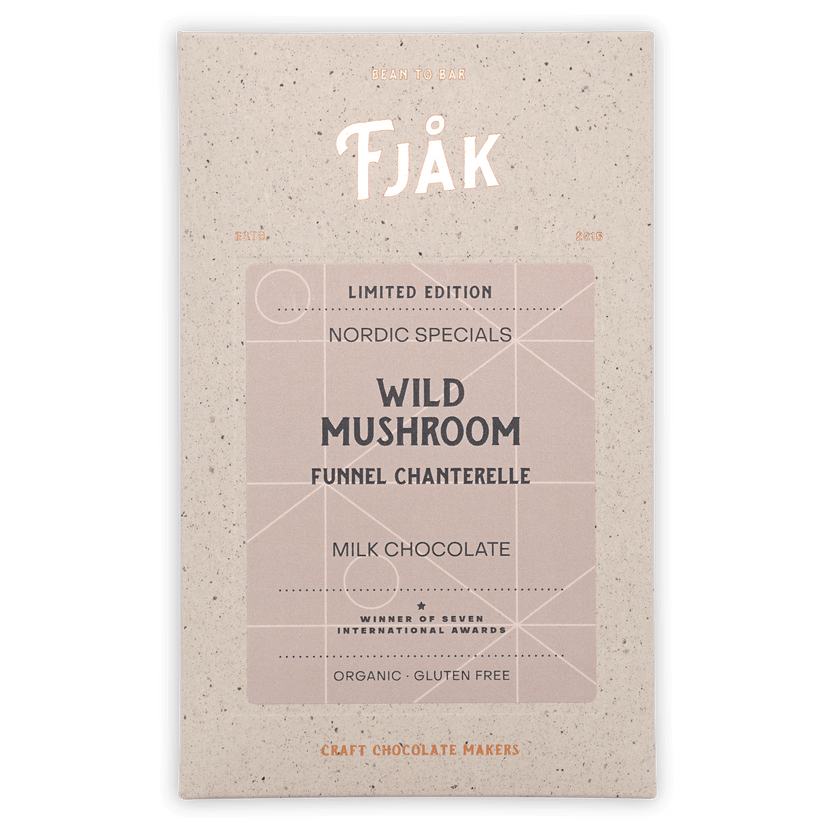 Fjåk limited edition wild mushroom milk chocolate bar in beige wrapper