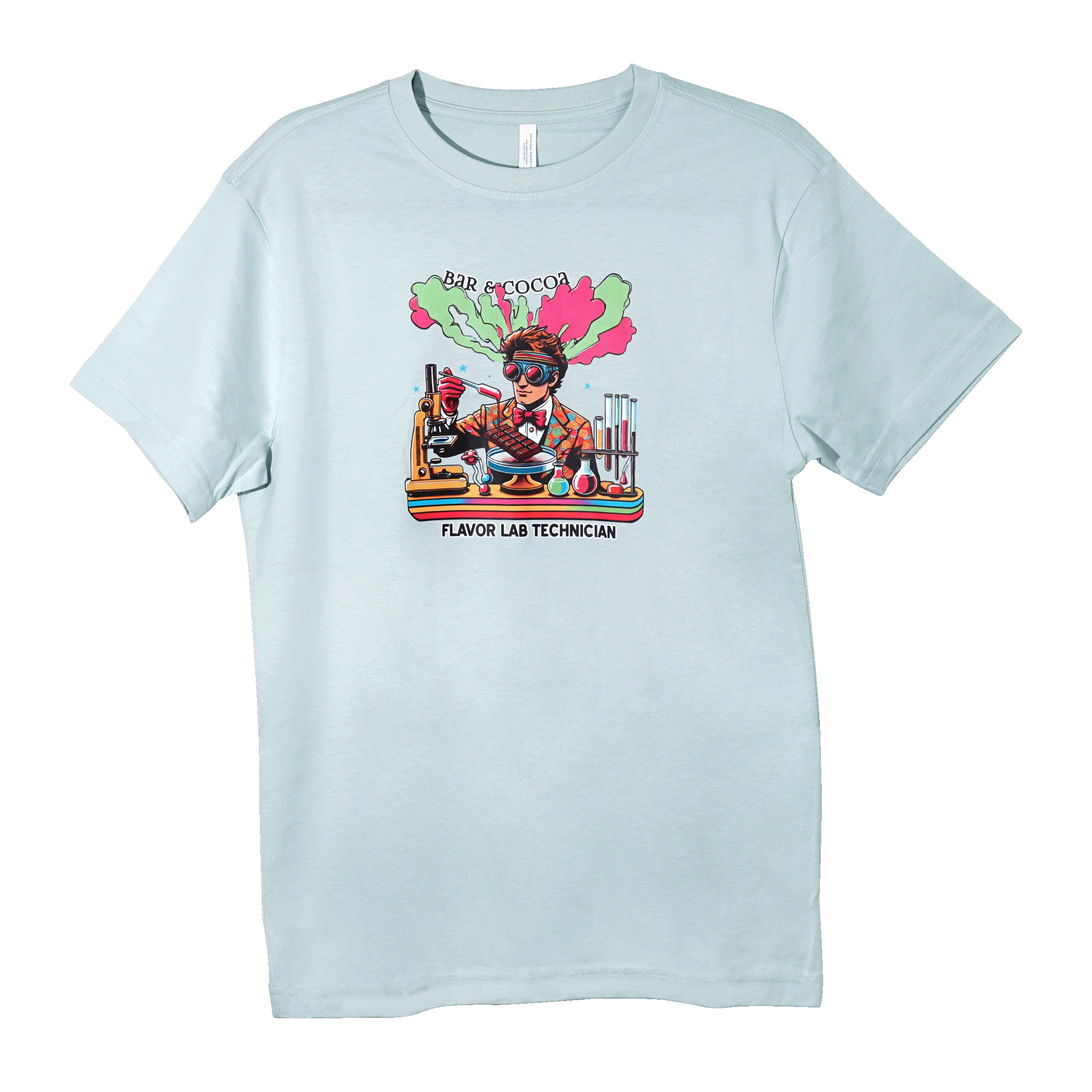 Light blue Chocolate Flavor Lab Technician Tee with colorful graphic