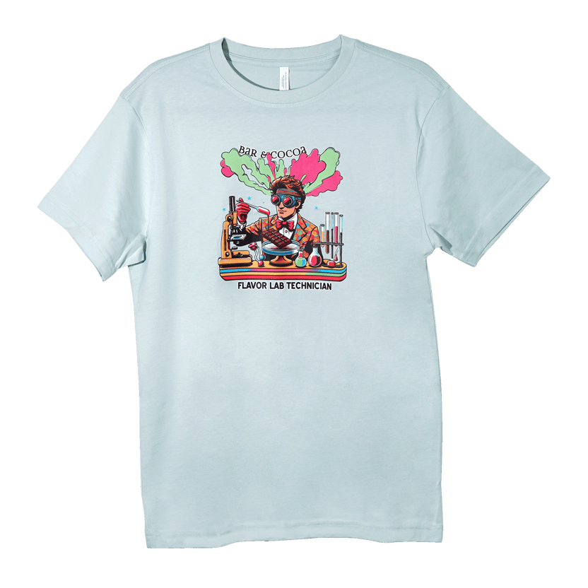 Light blue Chocolate Flavor Lab Technician Tee with colorful graphic