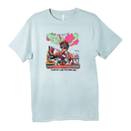 A light blue t-shirt printed with a scientist graphic, chocolate, and the text BAR & COCOA FLAVOR LAB TECHNICIAN.