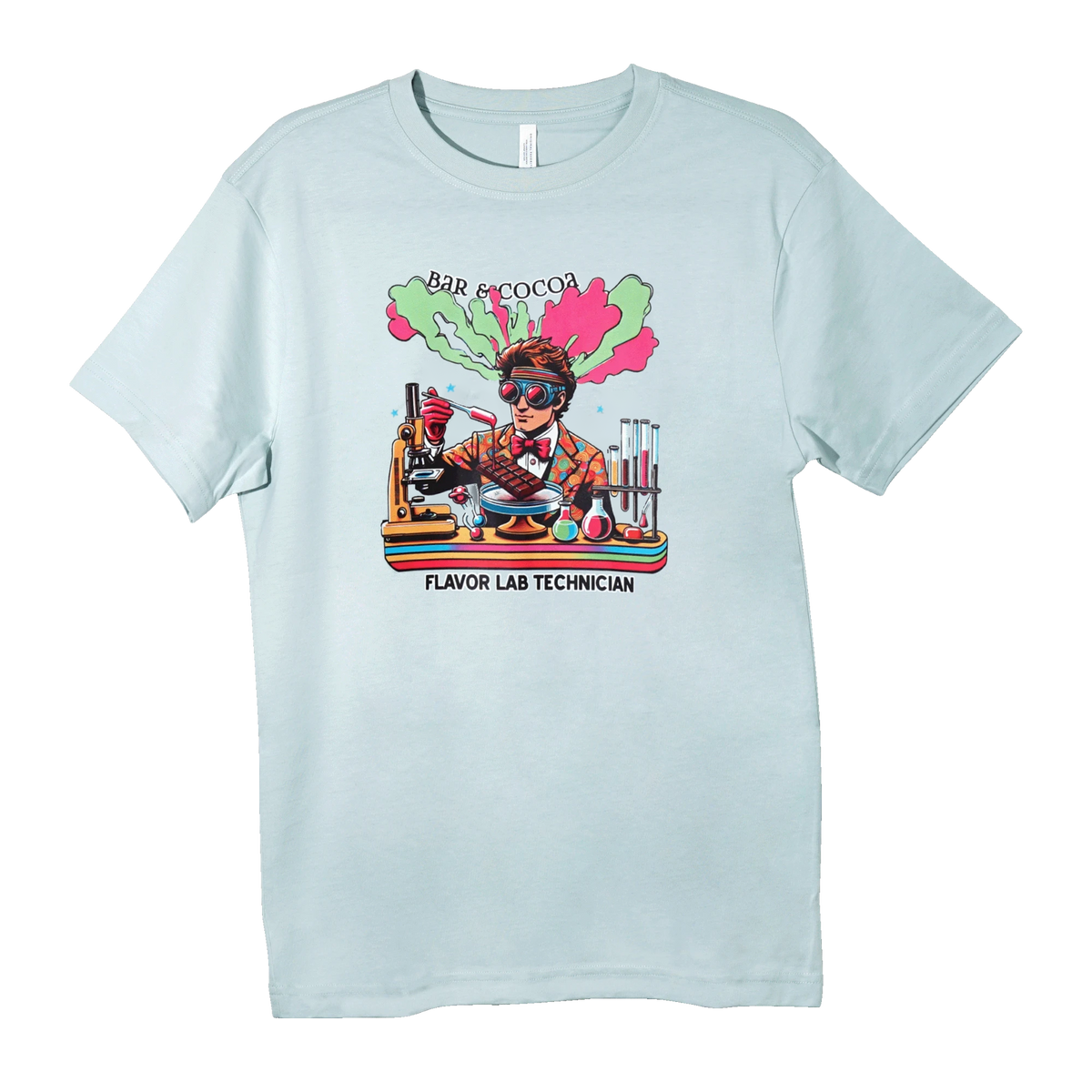 A light blue t-shirt printed with a scientist graphic, chocolate, and the text BAR & COCOA FLAVOR LAB TECHNICIAN.