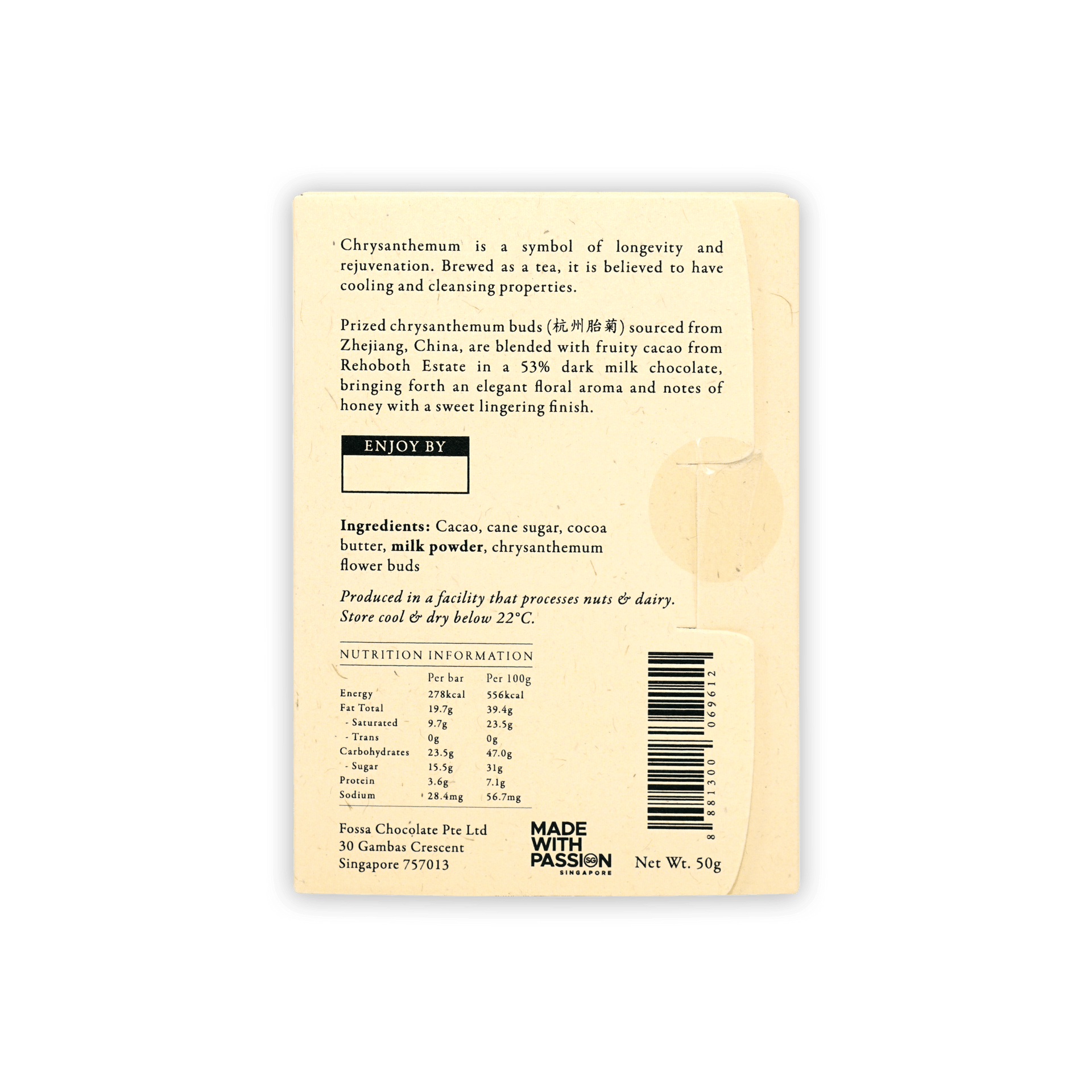 Back of Fossa Dark Milk Chocolate Chrysanthemum Tea 53% 50g wrapper with barcode
