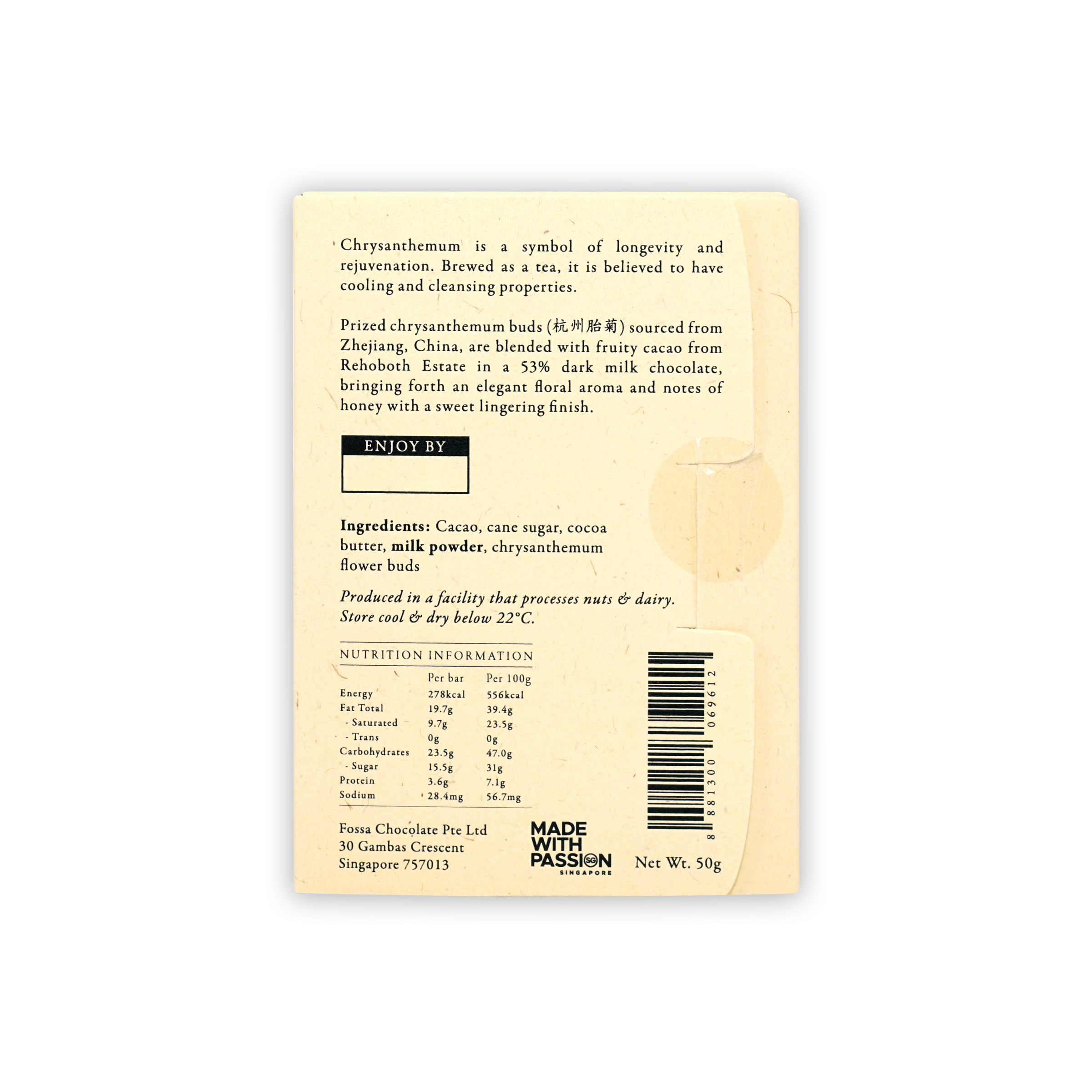 Back of Fossa Dark Milk Chocolate Chrysanthemum Tea 53% 50g wrapper with barcode