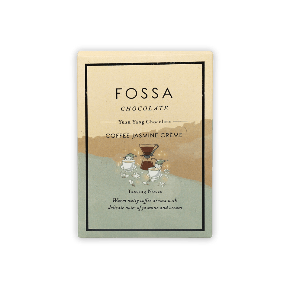 Fossa Dark Milk Chocolate Coffee Jasmine Creme bar with beige green label