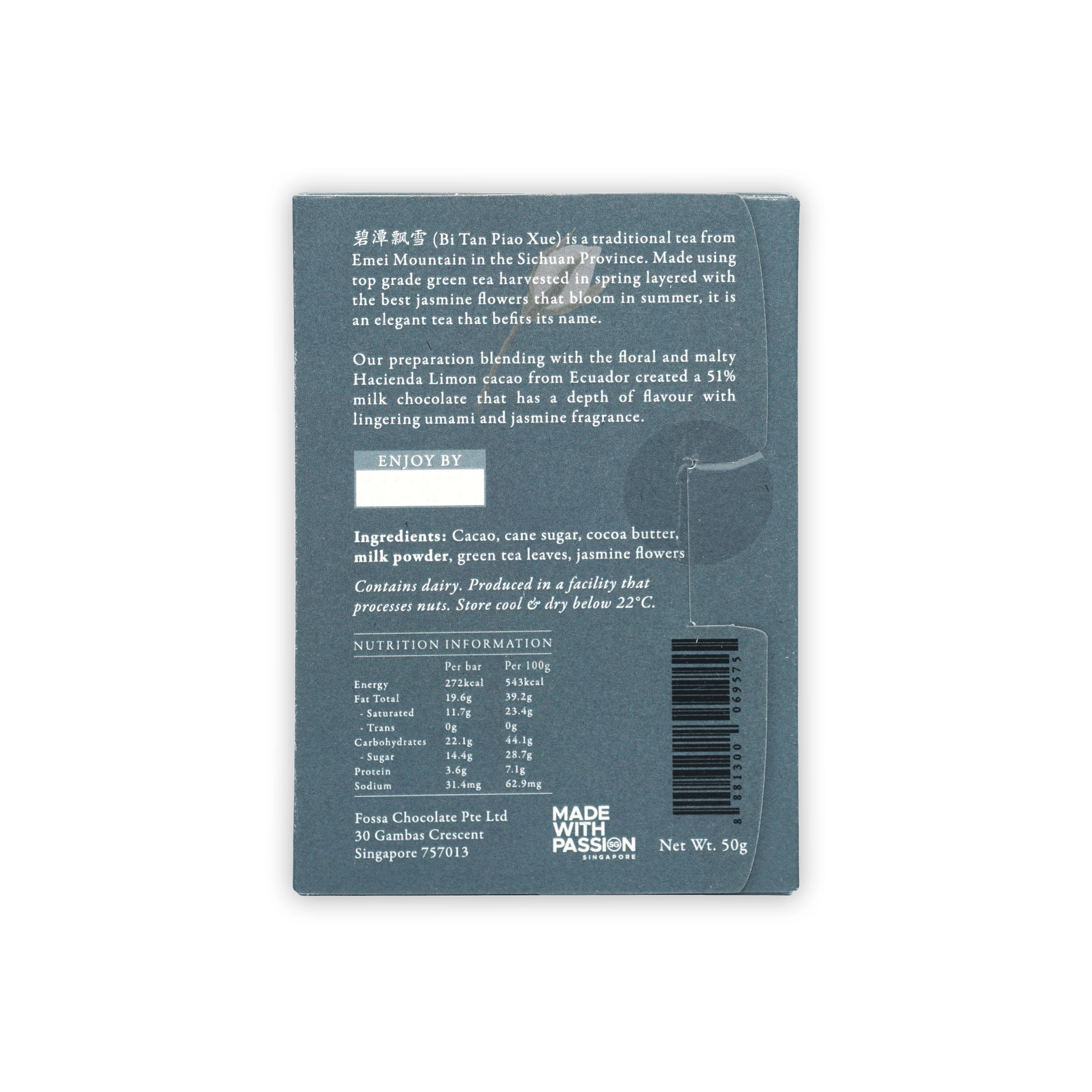 Fossa Milk Chocolate Drifting Snowflake Jasmine Green 51% matte gray package back