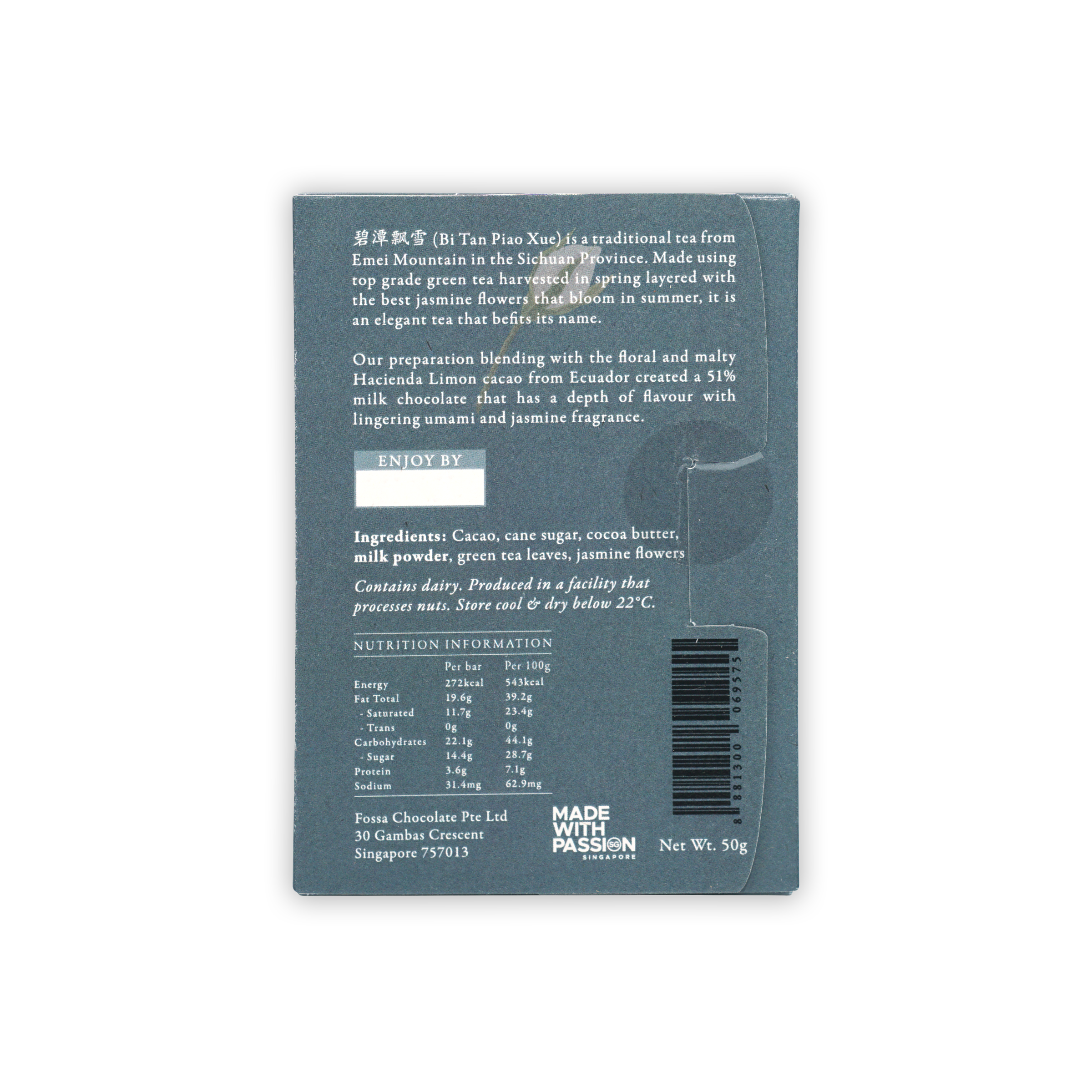 Fossa Milk Chocolate Drifting Snowflake Jasmine Green 51% matte gray package back