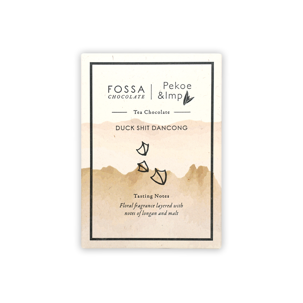 Fossa Milk Chocolate Duck Shit Dancong Tea 51% bar with minimalist watercolor mountain label