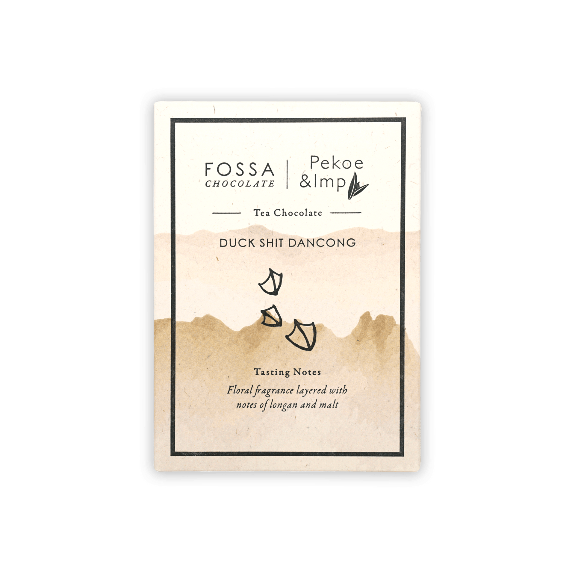 Fossa Milk Chocolate Duck Shit Dancong Tea 51% bar with minimalist watercolor mountain label