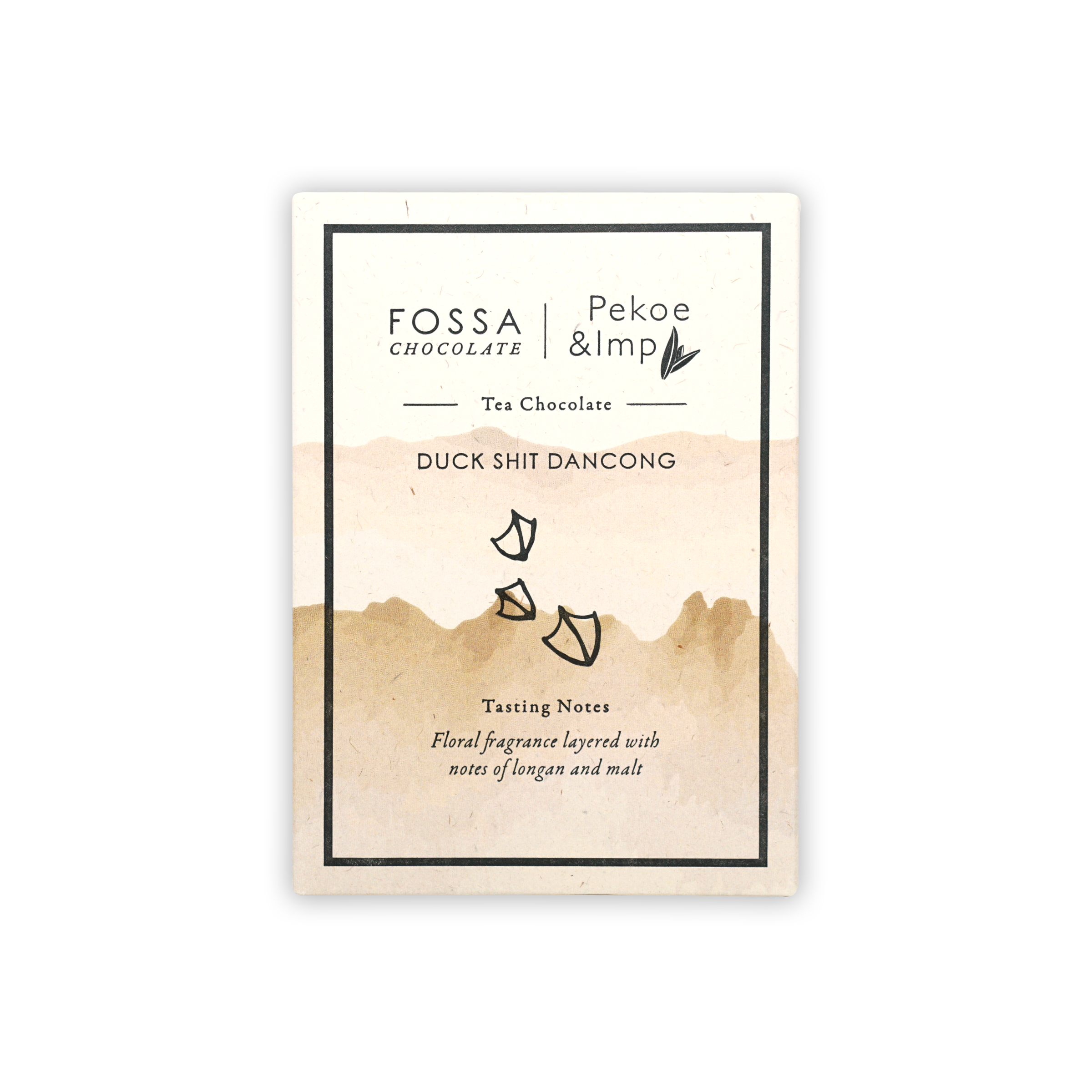Fossa Milk Chocolate Duck Shit Dancong Tea 51% bar with minimalist watercolor mountain label