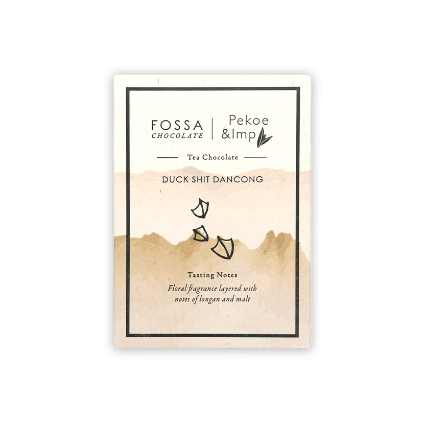 Fossa Milk Chocolate Duck Shit Dancong Tea 51% bar with minimalist watercolor mountain label