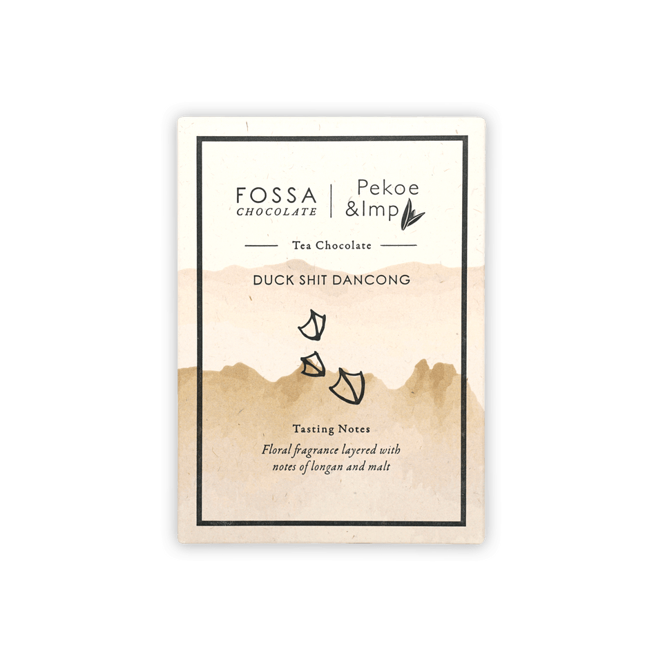 Fossa Milk Chocolate Duck Shit Dancong Tea 51% bar with minimalist watercolor mountain label