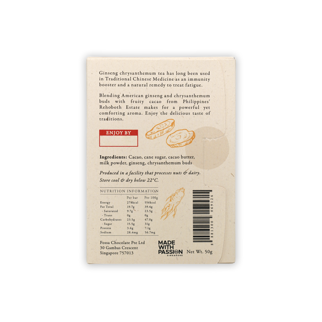 Back of Fossa Dark Milk Chocolate Ginseng Chrysanthemum Tea 53% wrapper