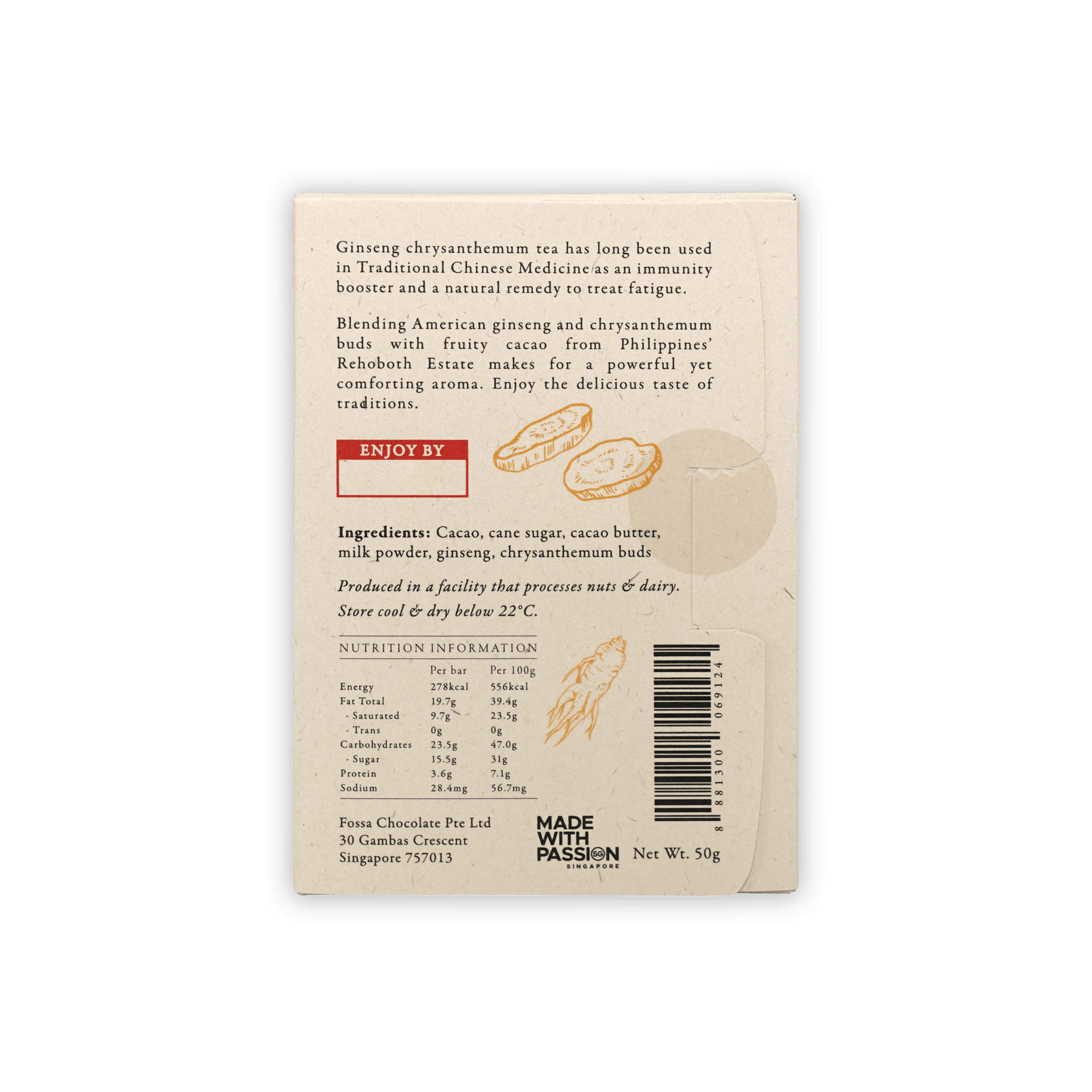 Back of Fossa Dark Milk Chocolate Ginseng Chrysanthemum Tea 53% wrapper