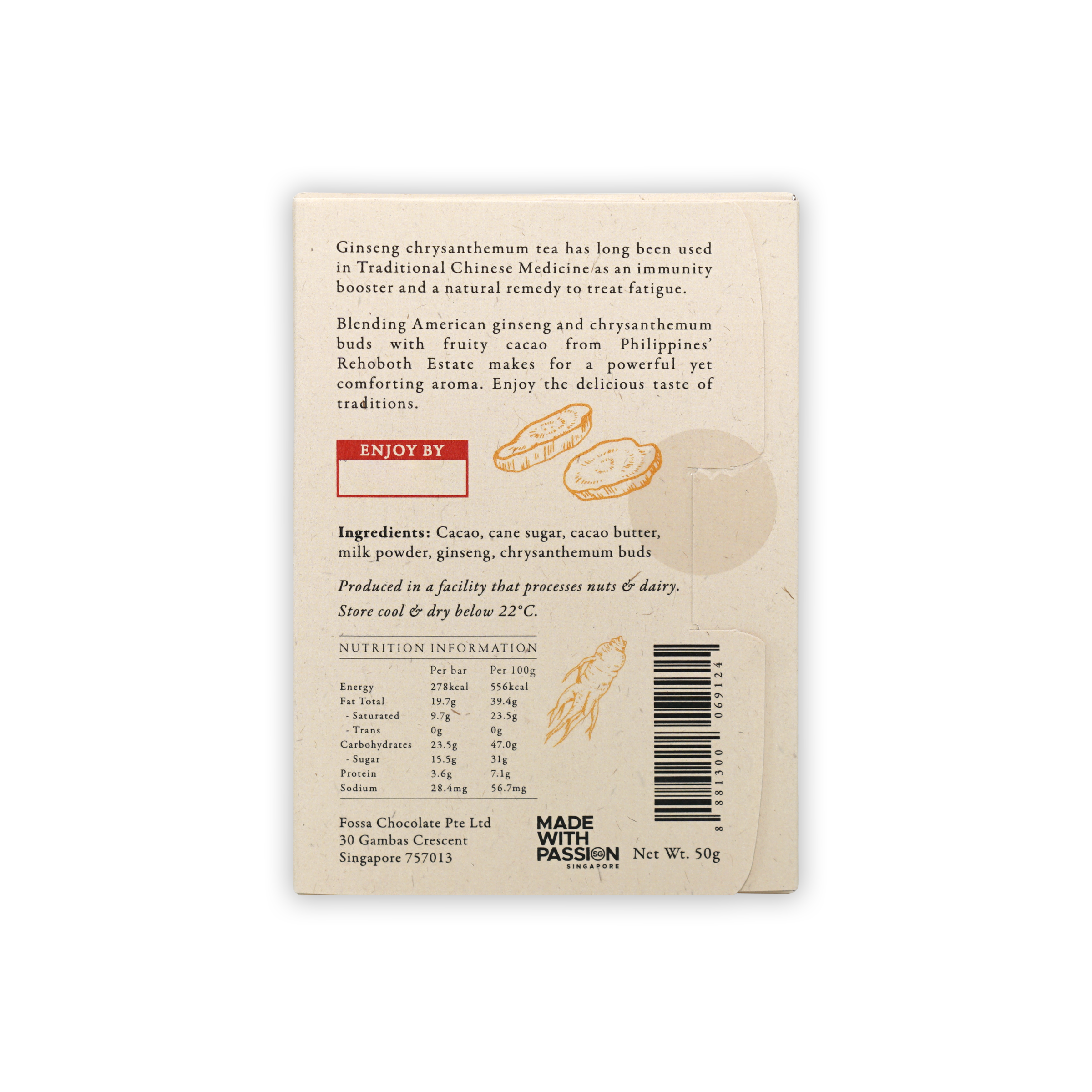Back of Fossa Dark Milk Chocolate Ginseng Chrysanthemum Tea 53% wrapper