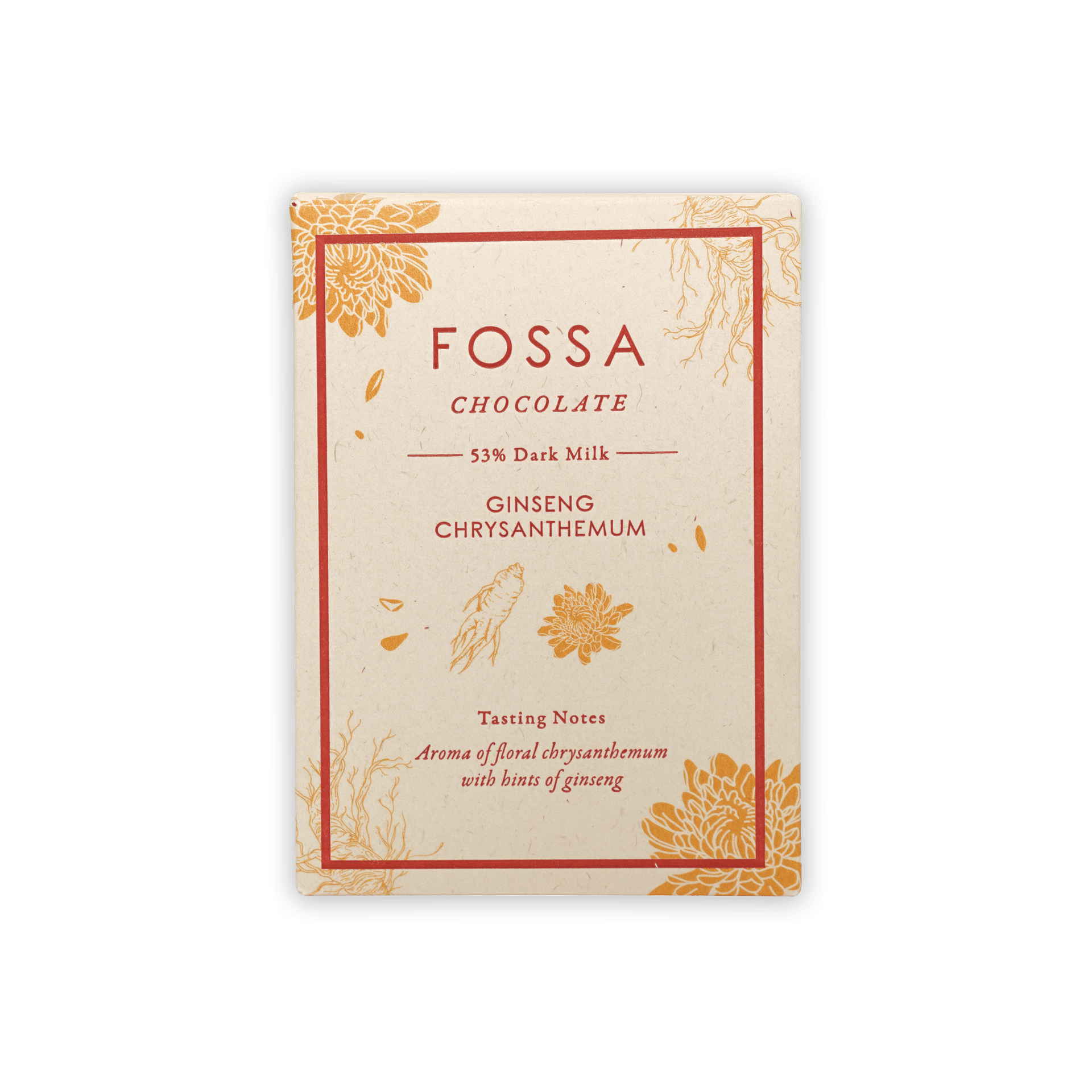 Fossa 53% dark milk chocolate bar with ginseng chrysanthemum, cream gold wrapper