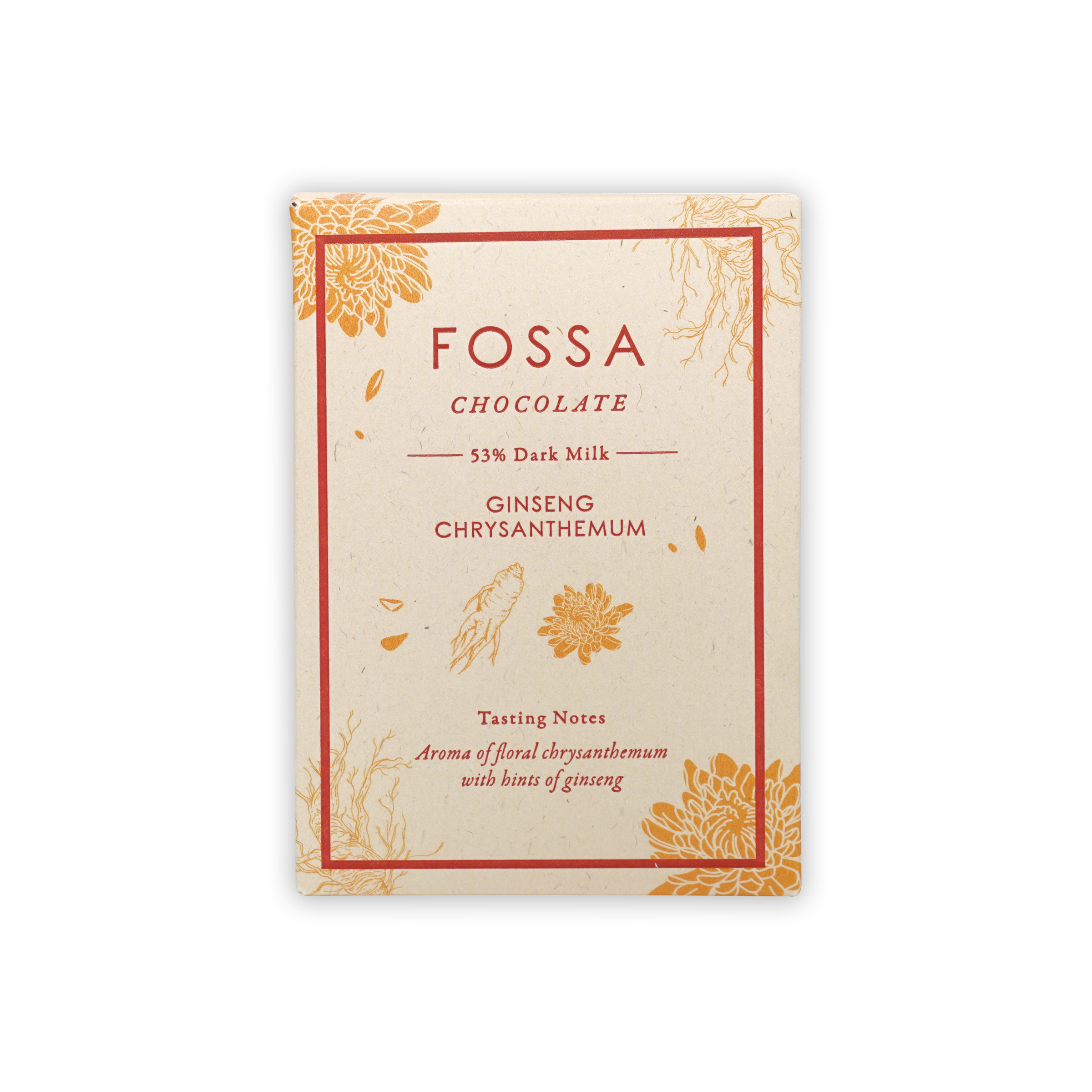 Fossa 53% dark milk chocolate bar with ginseng chrysanthemum, cream gold wrapper