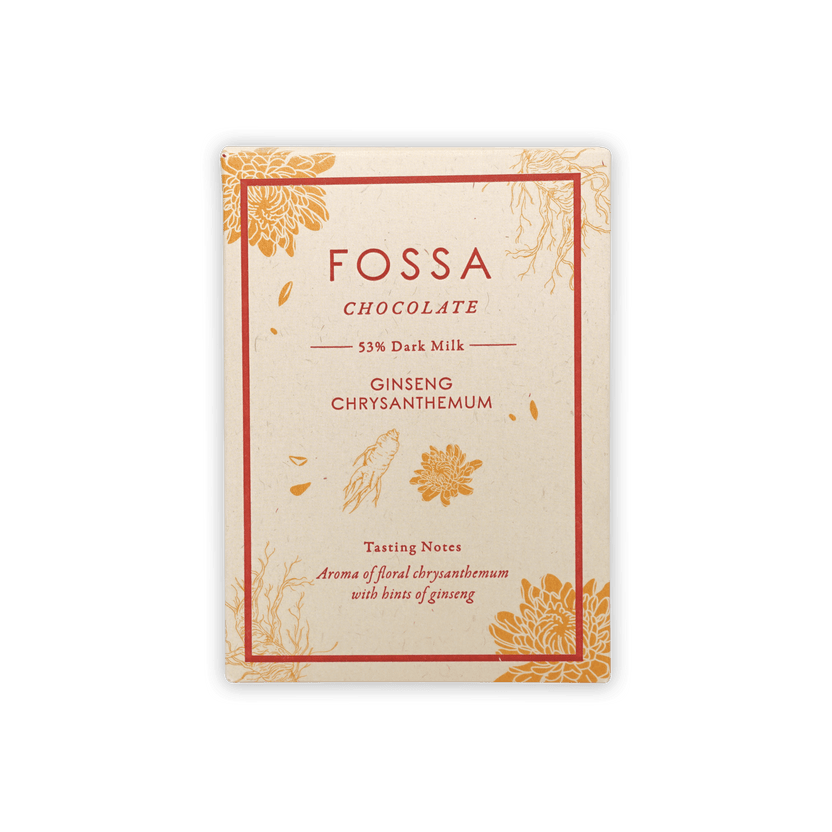 Fossa 53% dark milk chocolate bar with ginseng chrysanthemum, cream gold wrapper