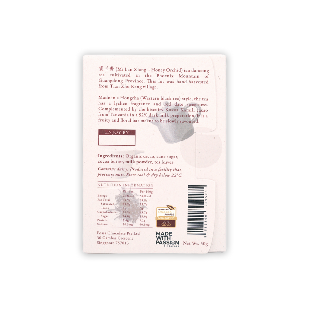 Fosta white rectangular chocolate bar with Mi Lan Xiang honey orchid, gold award seal