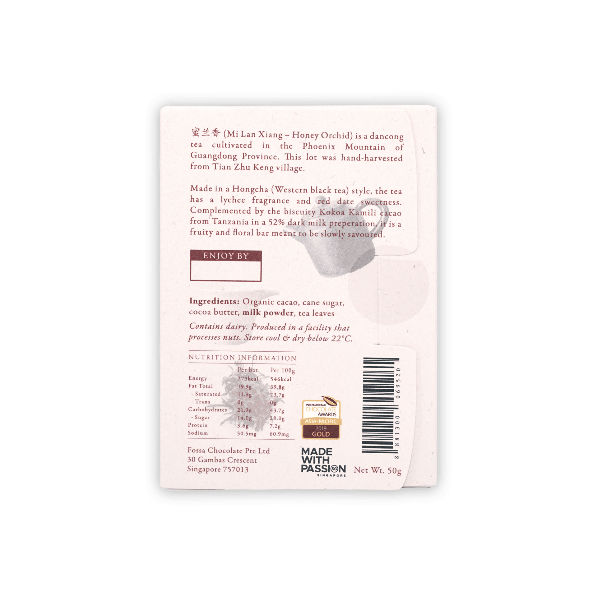 Fosta white rectangular chocolate bar with Mi Lan Xiang honey orchid, gold award seal