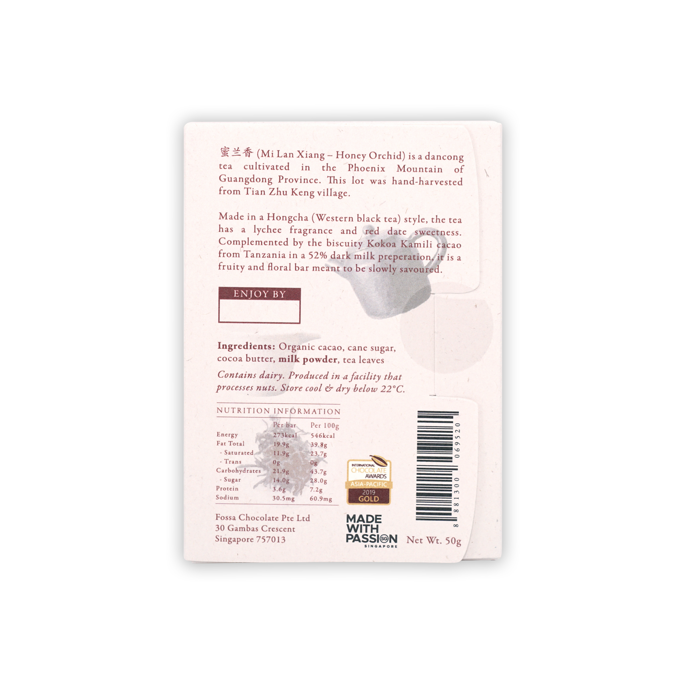 Fosta white rectangular chocolate bar with Mi Lan Xiang honey orchid, gold award seal