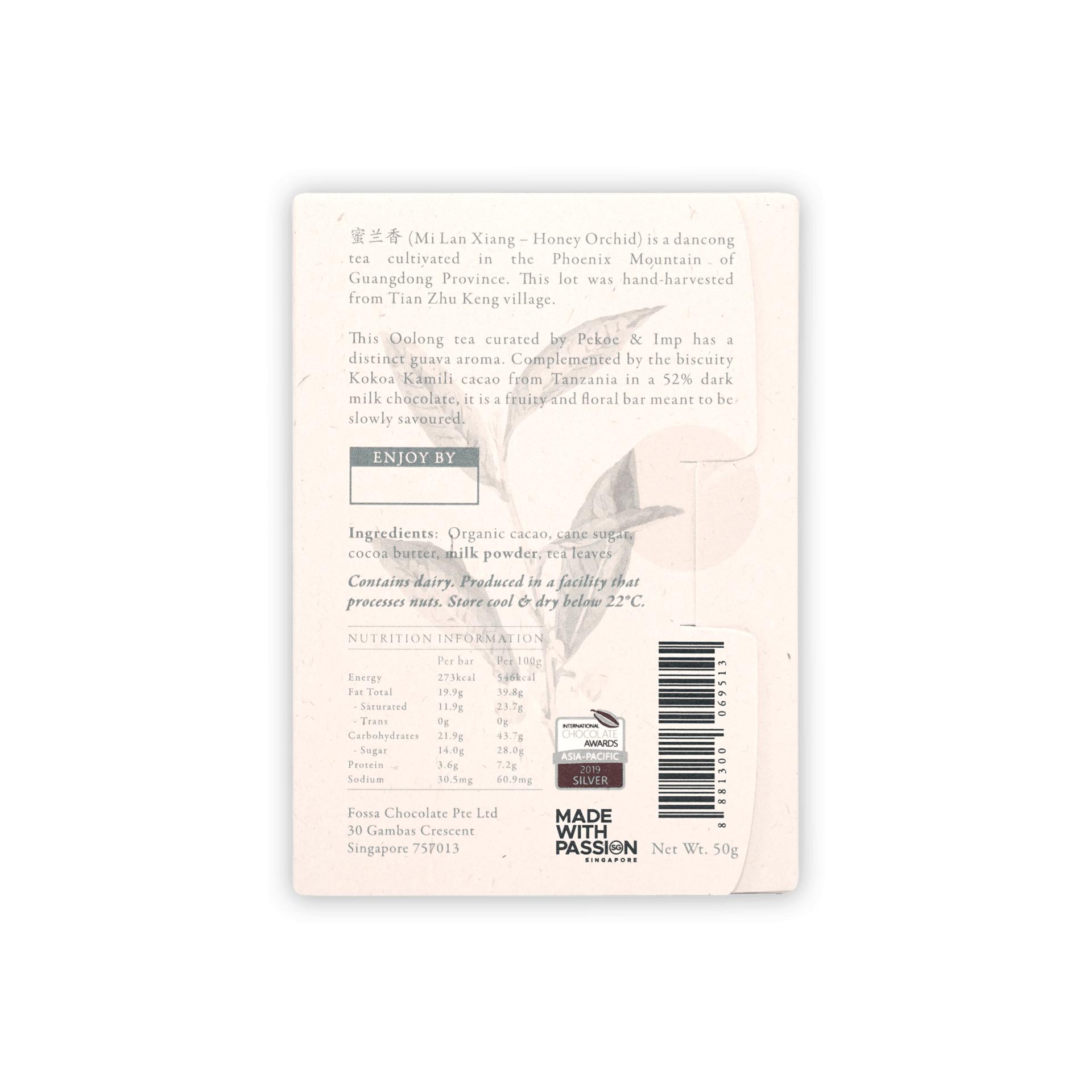 Back of Fossa Milk Chocolate Honey Orchid Dancong Oolong 52% wrapper with silver award seal