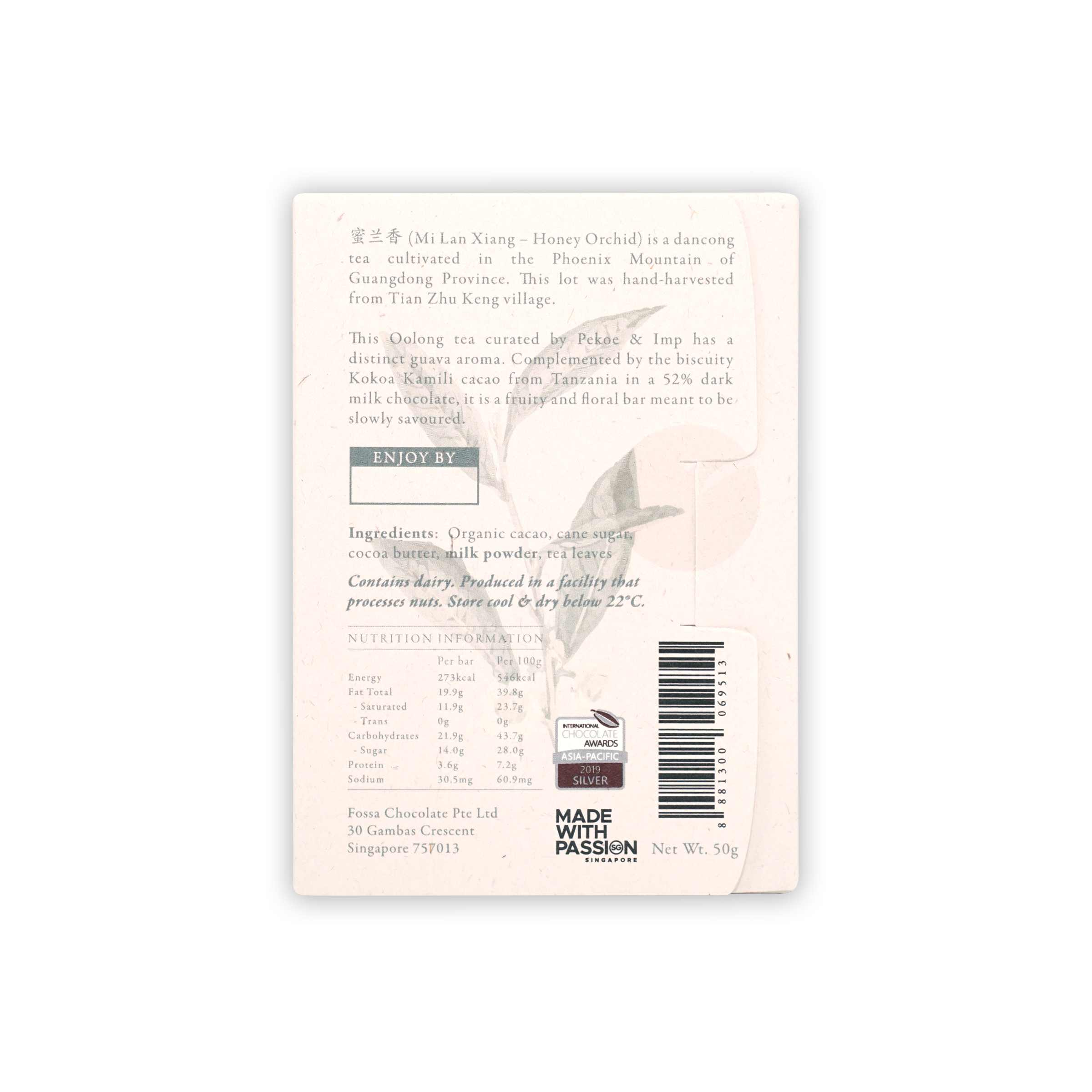 Back of Fossa Milk Chocolate Honey Orchid Dancong Oolong 52% wrapper with silver award seal