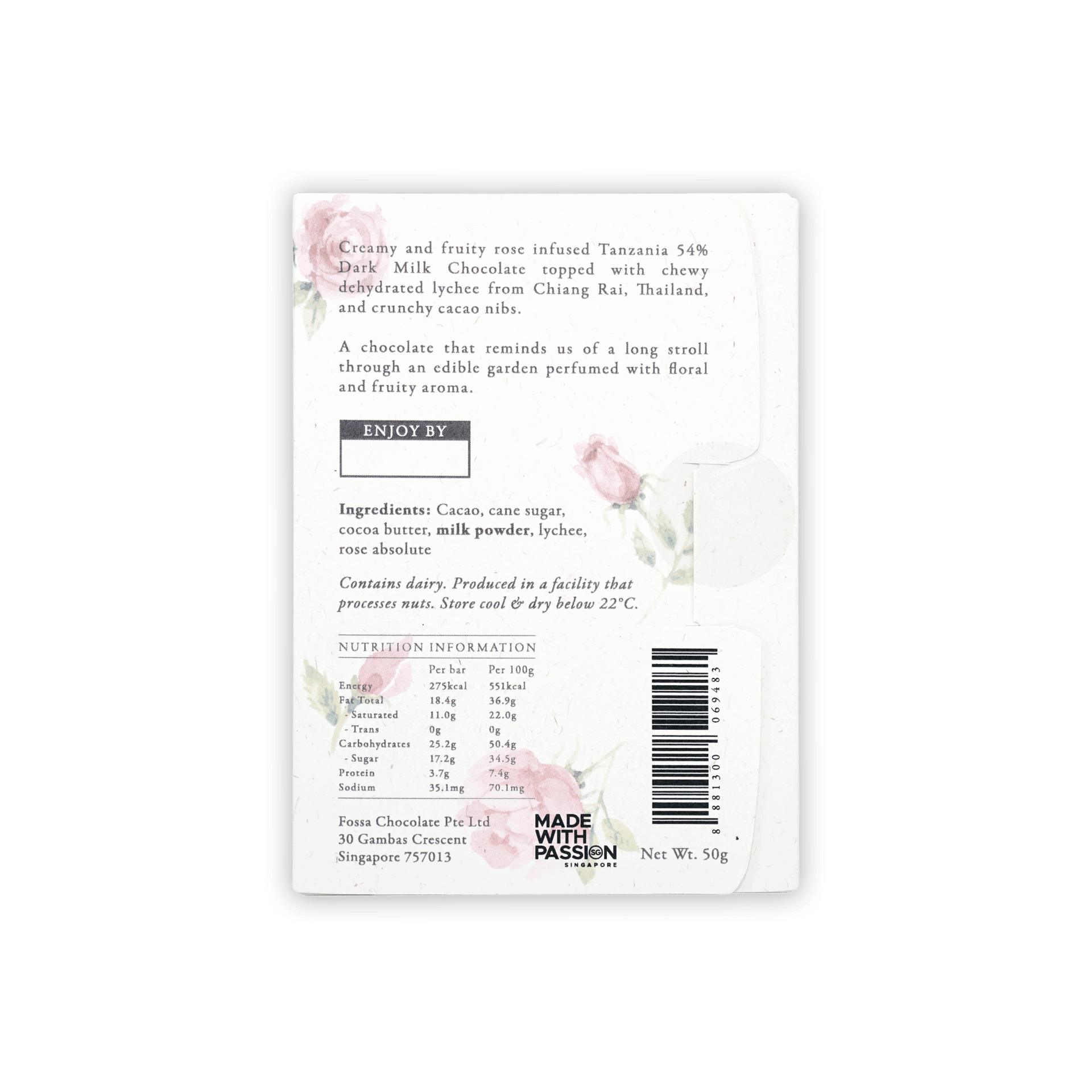 Fossa Dark Milk Chocolate Lychee Rose 54% white wrapper with floral design