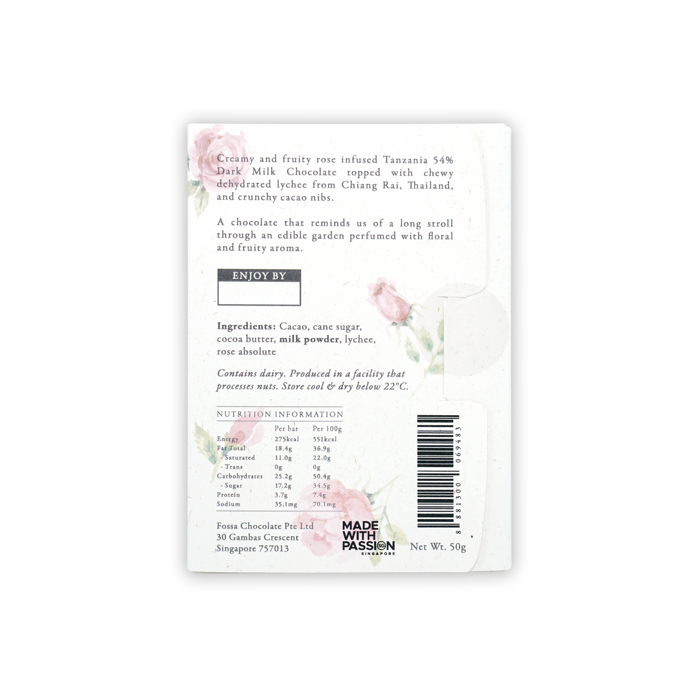 Fossa Dark Milk Chocolate Lychee Rose 54% white wrapper with floral design