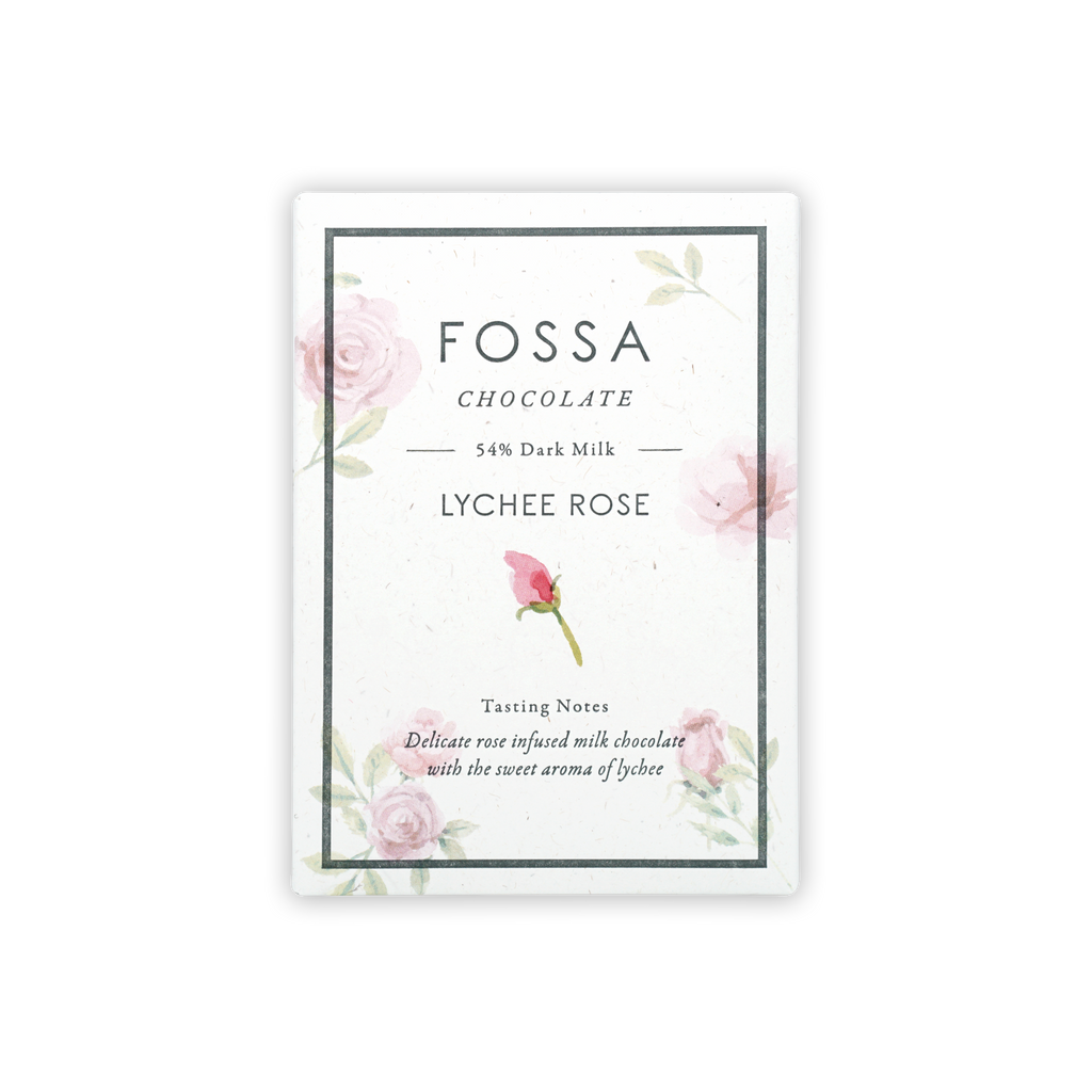 Fossa Dark Milk Chocolate Lychee Rose 54% bar in pink floral wrap