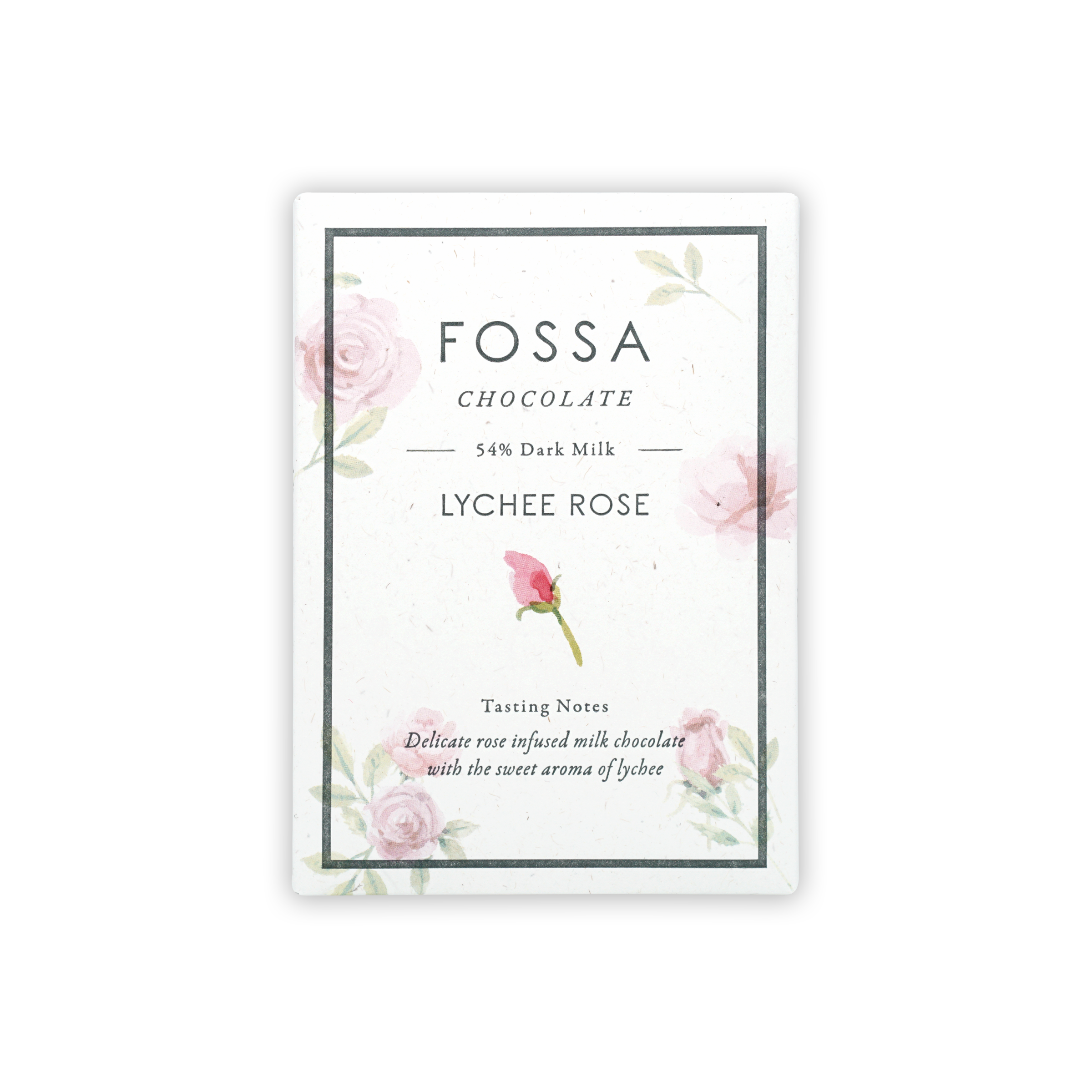 Fossa Dark Milk Chocolate Lychee Rose 54% bar in pink floral wrap
