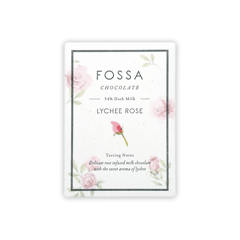 Fossa Dark Milk Chocolate Lychee Rose 54% bar in pink floral wrap