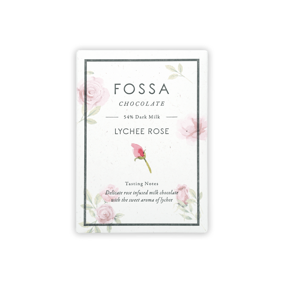 Fossa Dark Milk Chocolate Lychee Rose 54% bar in pink floral wrap