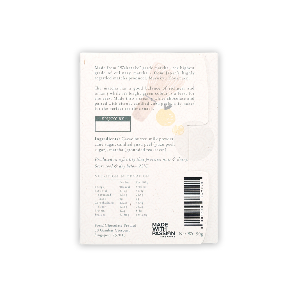 Fossa White Chocolate Matcha & Yuzu limited edition back packaging