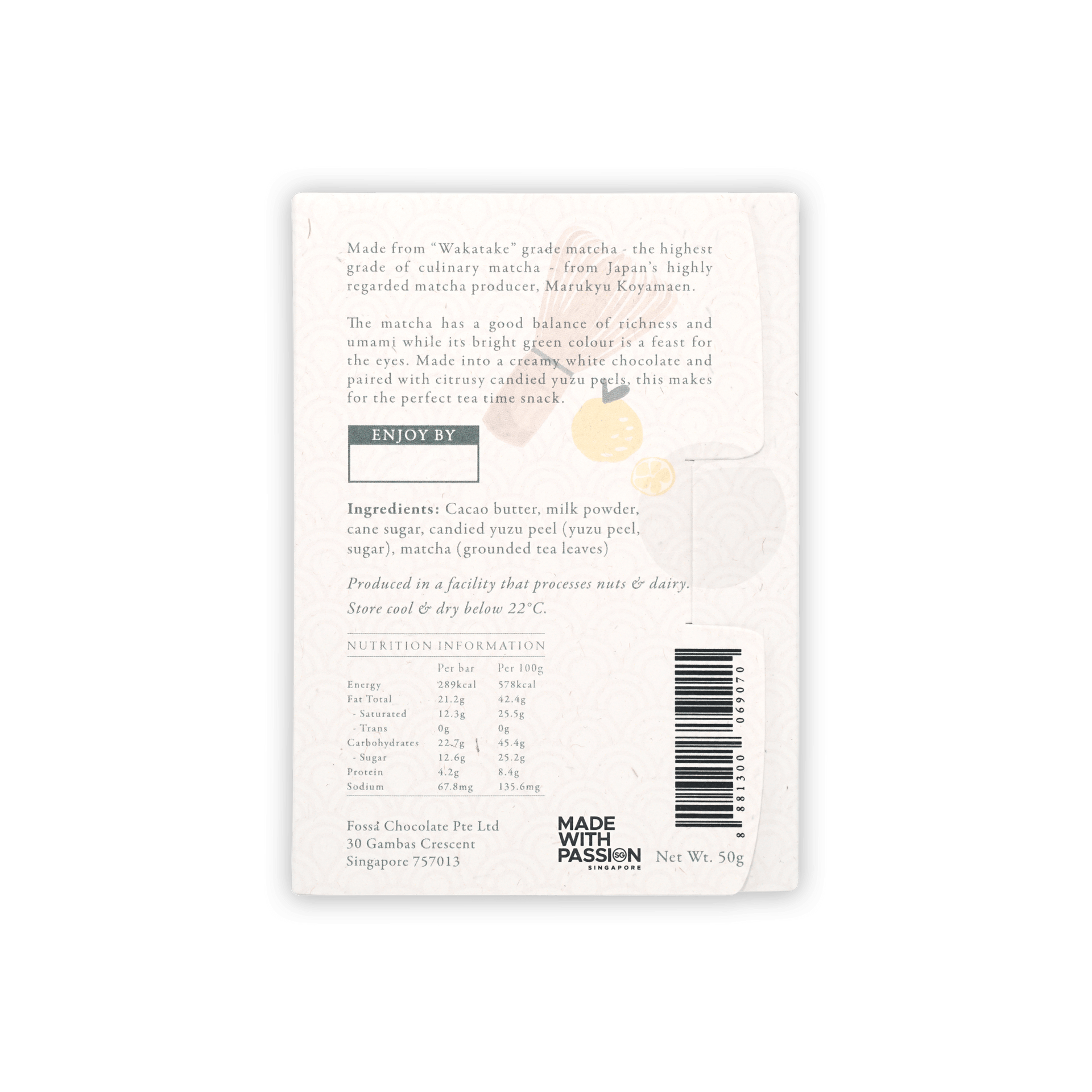 Fossa White Chocolate Matcha & Yuzu limited edition back packaging