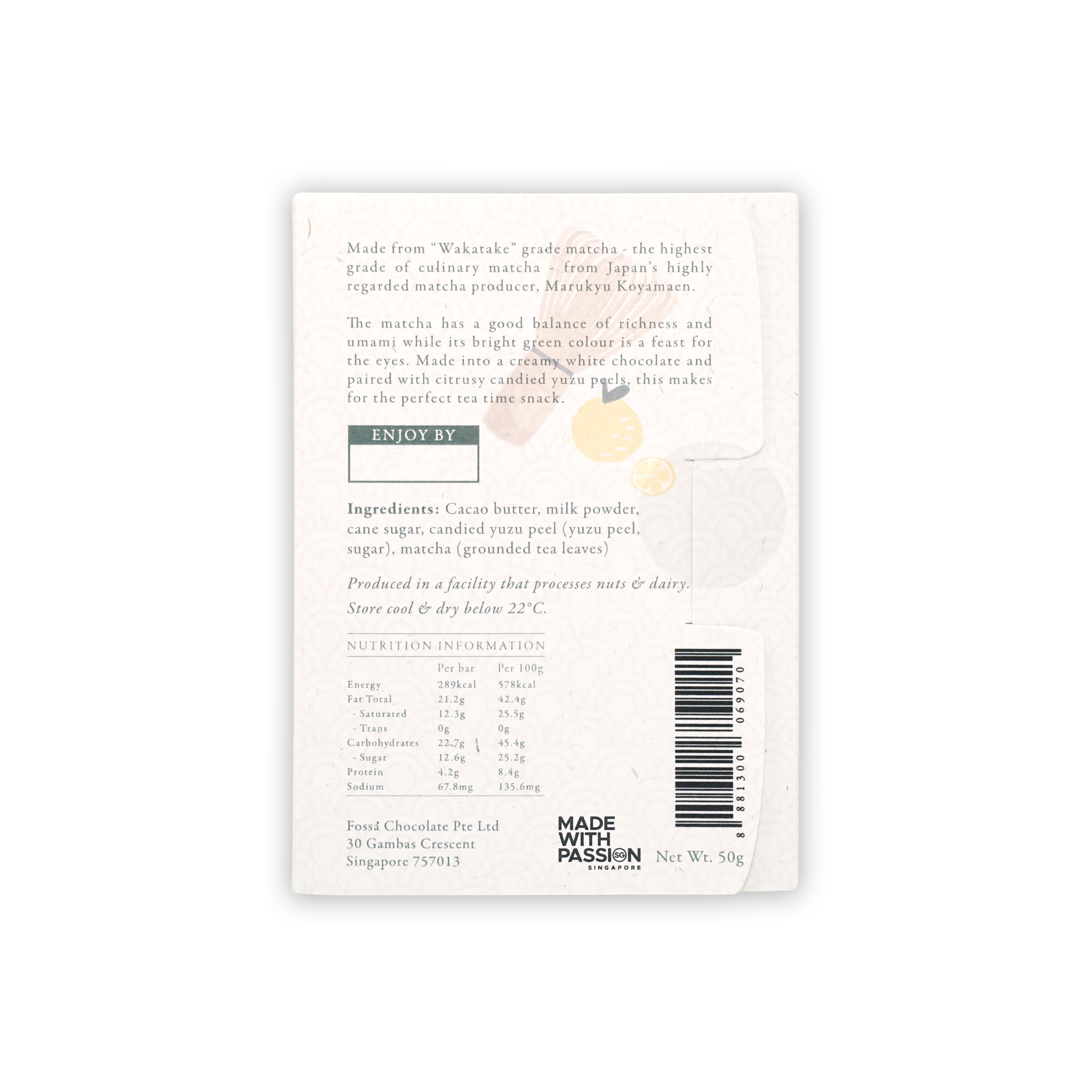 Fossa White Chocolate Matcha & Yuzu limited edition back packaging