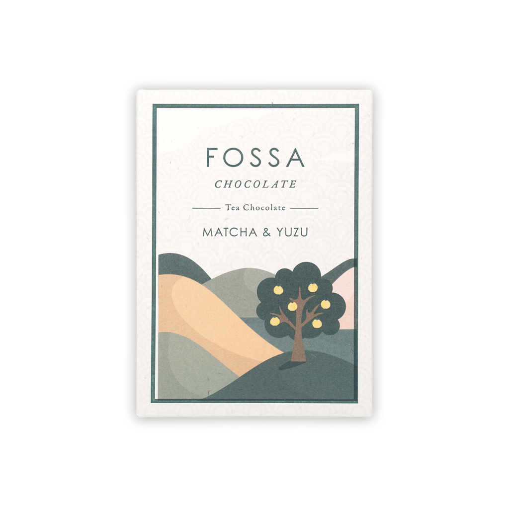 Fossa White Chocolate Matcha & Yuzu bar in matte white wrapper with tree illustration