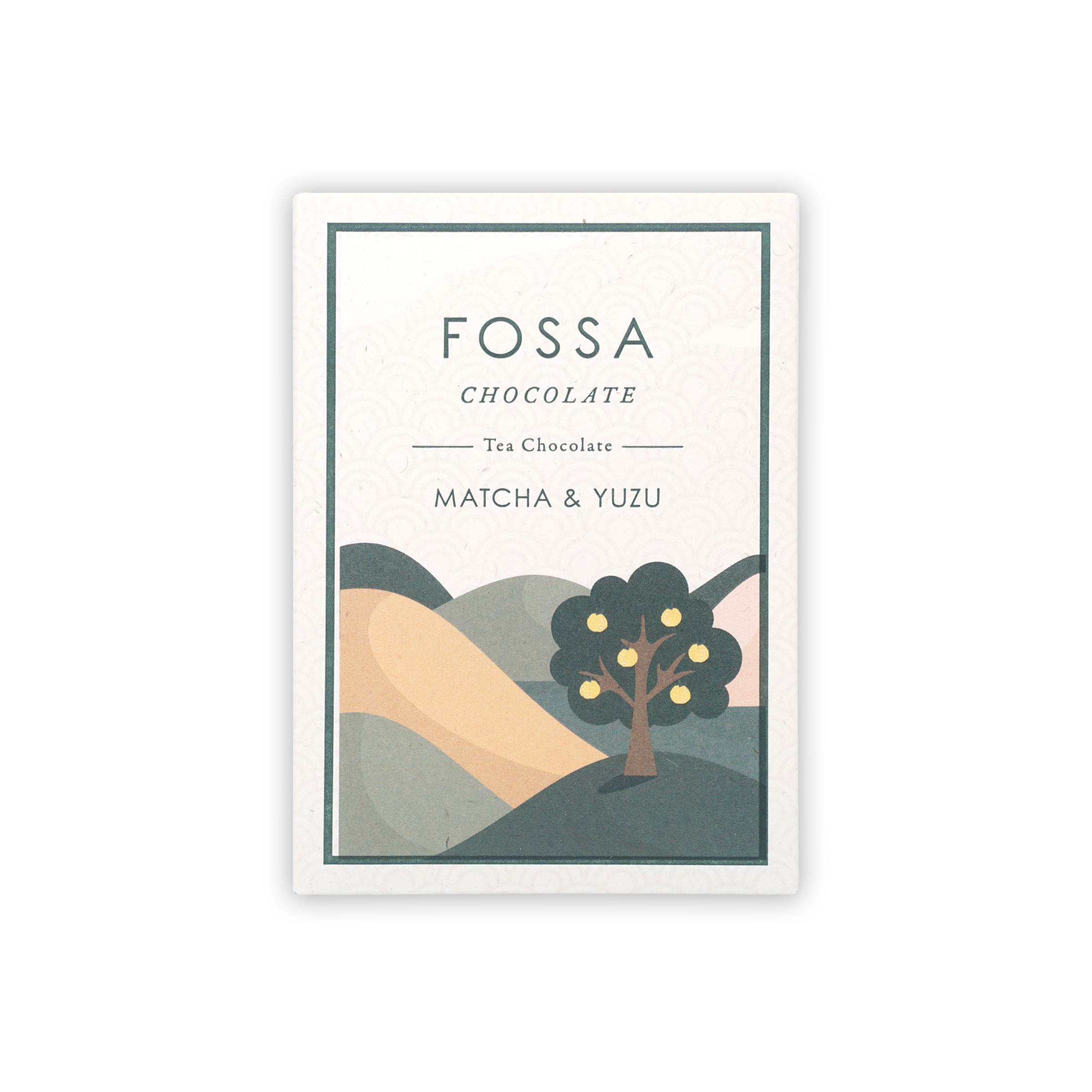 Fossa White Chocolate Matcha & Yuzu bar in matte white wrapper with tree illustration
