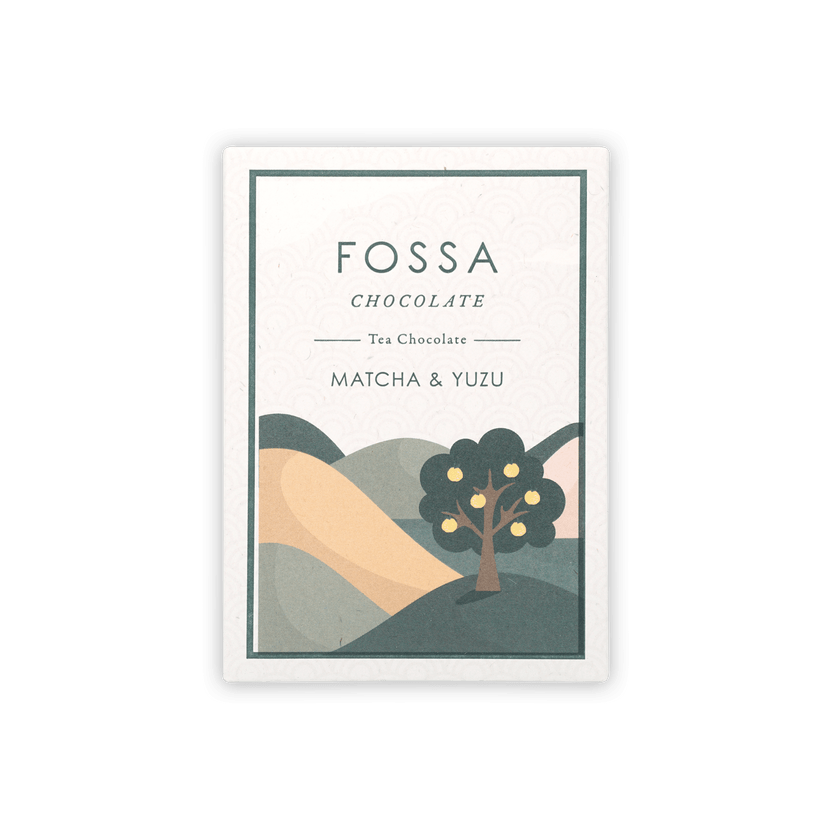Fossa White Chocolate Matcha & Yuzu bar in matte white wrapper with tree illustration