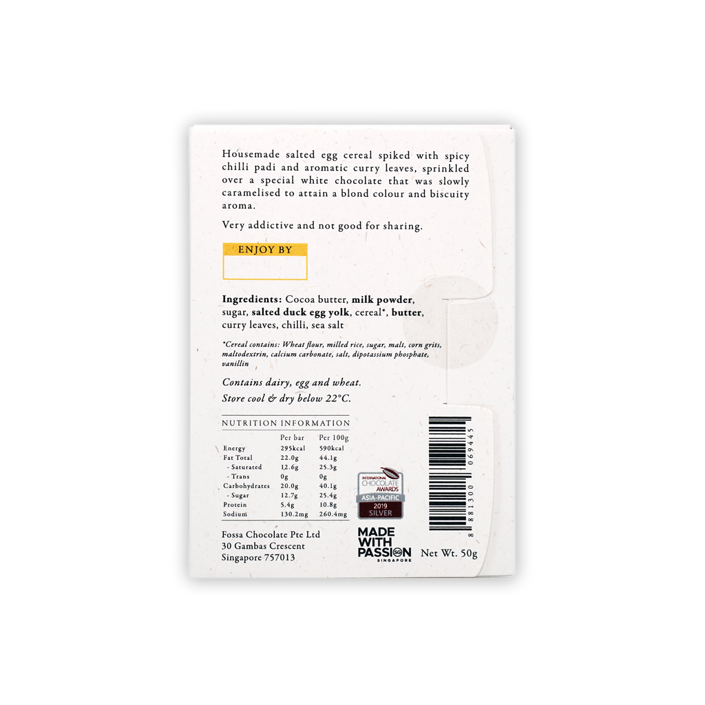 Back of Fossa Milk Chocolate Salted Egg Cereal Blond bar package with barcode